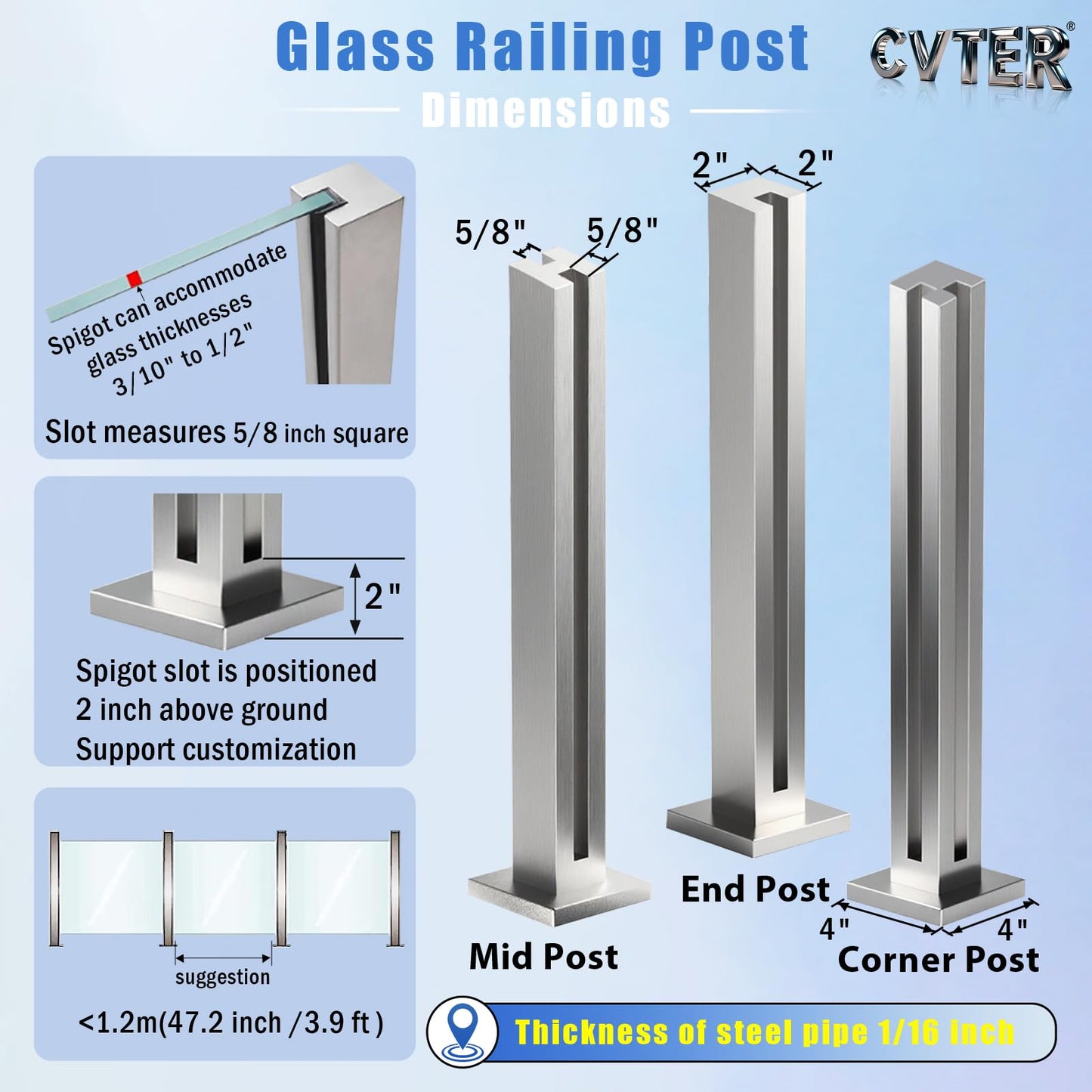 Cvter Glass Railing Post, No-Punch Heavy-Duty Glass Railing with Spigot Slots & Base, 304 Stainless Steel Clamp Bracket for Deck Balusters, Balcony, Patio, Stairs, Silver 24in Mid Post