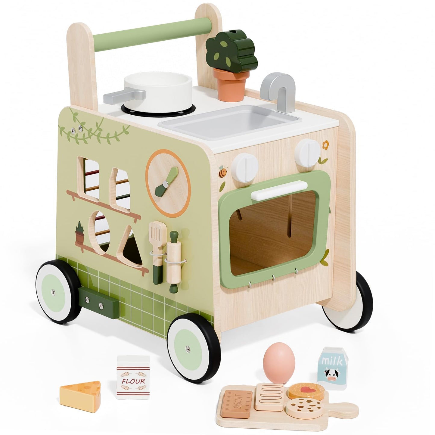 Baby Push Walker -Wooden Push Walker Montessori Toy- Toddler Learning Activity Walker for Girls Boys 1-3 Years - Pretend Kitchen Playset Ideal for Toddlers（Green ）
