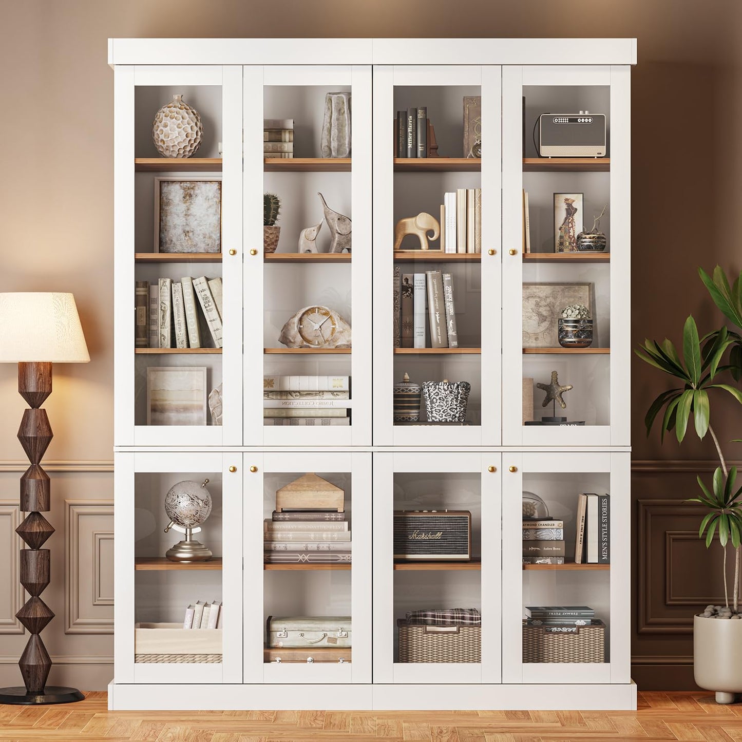 Vyre 70.8" Bookshelf with Glass Doors, Farmhouse Modular Bookcase with 6-Tier Adjustable Shelves, Large Storage Cabinet for Living Room & Home Office, Set of 2, White