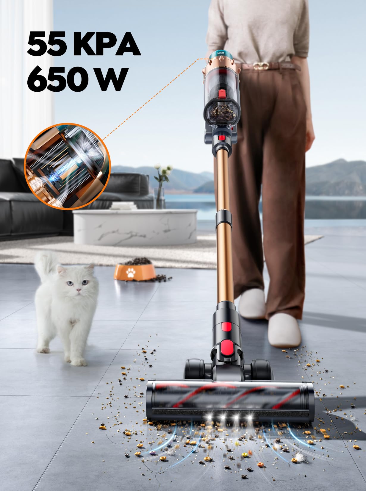 Cordless Vacuum Cleaner, 650W 55KPA 70 Mins Runtime Self-Standing Vacuum Cleaners for Home, Stick Vacuum with Charging Dock Station Removable Battery, Handheld Vacuum for Pet Hair/Carpet/Floor