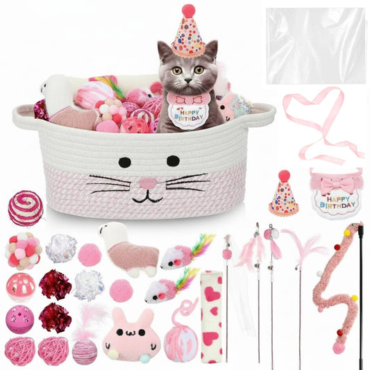 Zopeal Mother’s Day Cat Toy Set Interactive Cat Toys Pack Including Feather Teaser Wand Plush Gift Outfit Mice Crinkle Balls and Pet Bell Balls, Puzzle for Indoor Cats Gift Basket for Kitten(Pink)