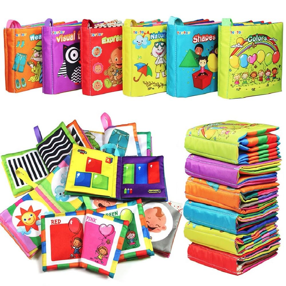 teytoy My First Soft Book, 6 PCS Nontoxic Fabric Baby Cloth Books Early Education Toys Activity Crinkle Cloth Book for Toddler, Infants and Kids Perfect for Baby Shower (New Version)
