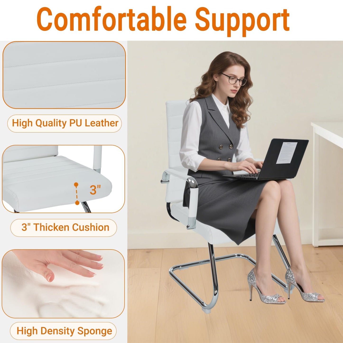 Sidanli Desk Chair No Wheels, Leather Guest Chair with Mid Back Ergonomic Support & Sled Base for Office Reception Conference Room, 2 Pack, White