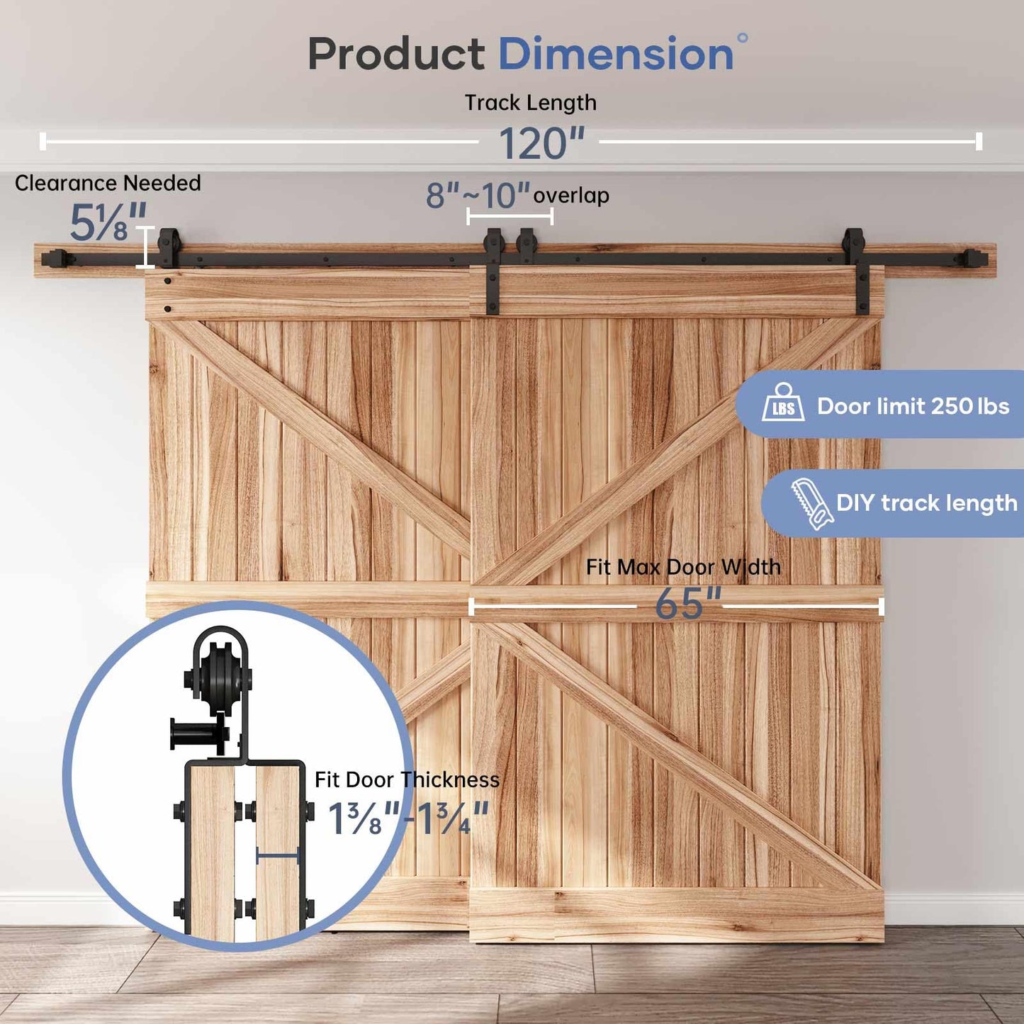 EaseLife 10 FT Bypass Double Sliding Barn Door Hardware Kit,Single Track, Slide Smoothly Quietly,Easy Install (10FT Track Kit for Double 65" Wide Door)