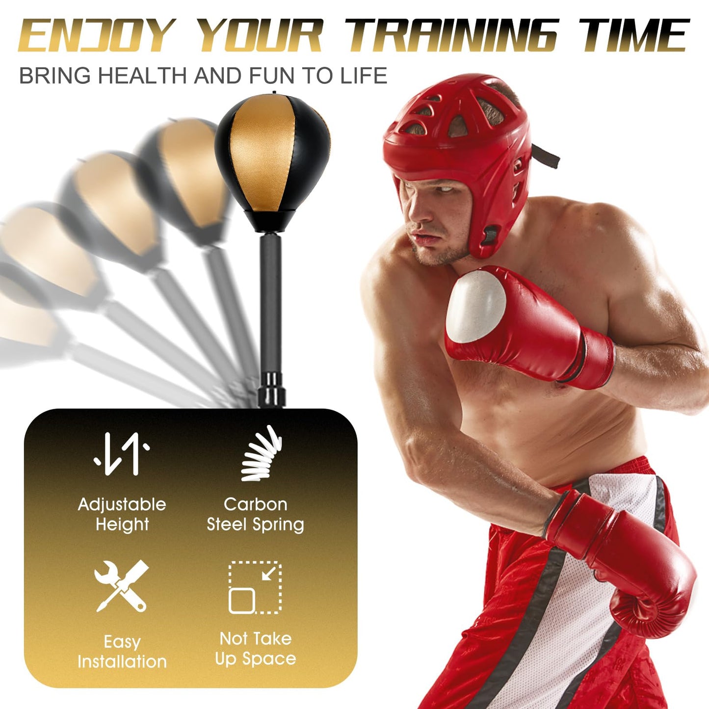 Standing Reflex Speed Bag with Thick Base, Adjustable Height & Reinforced Spring (Golden Black)