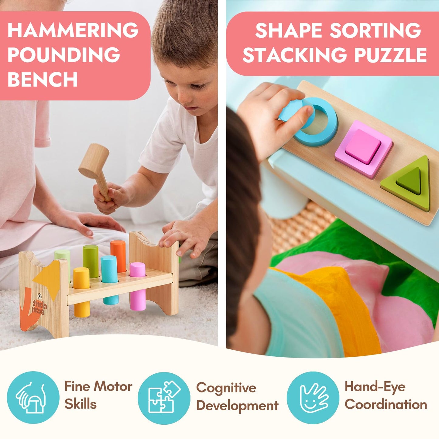 Giant bean 8-in-1 Wooden Montessori Toys Set Learning Toys for Baby 12-18 Month with Object Permanence Box, Senser Ball Roll Tower, Hammer, Fishing Carrot, Shape Sorting Stacking Cup for Kids 1+