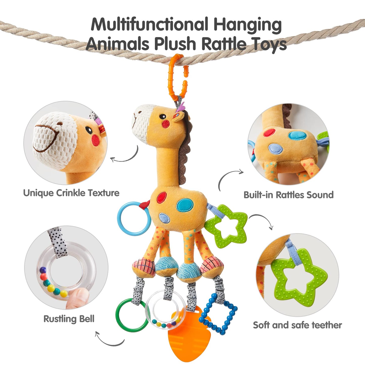 TUMAMA Hanging Toys, 16 inch Plush Animals Baby Rattle, Car Seat Stroller Toys, 2 Pack, Newborn - 12 Months, 2 x Plush Animal Hanging Toys (Giraffe, Zebra), Rings, Built-in Rattles and Crinkles