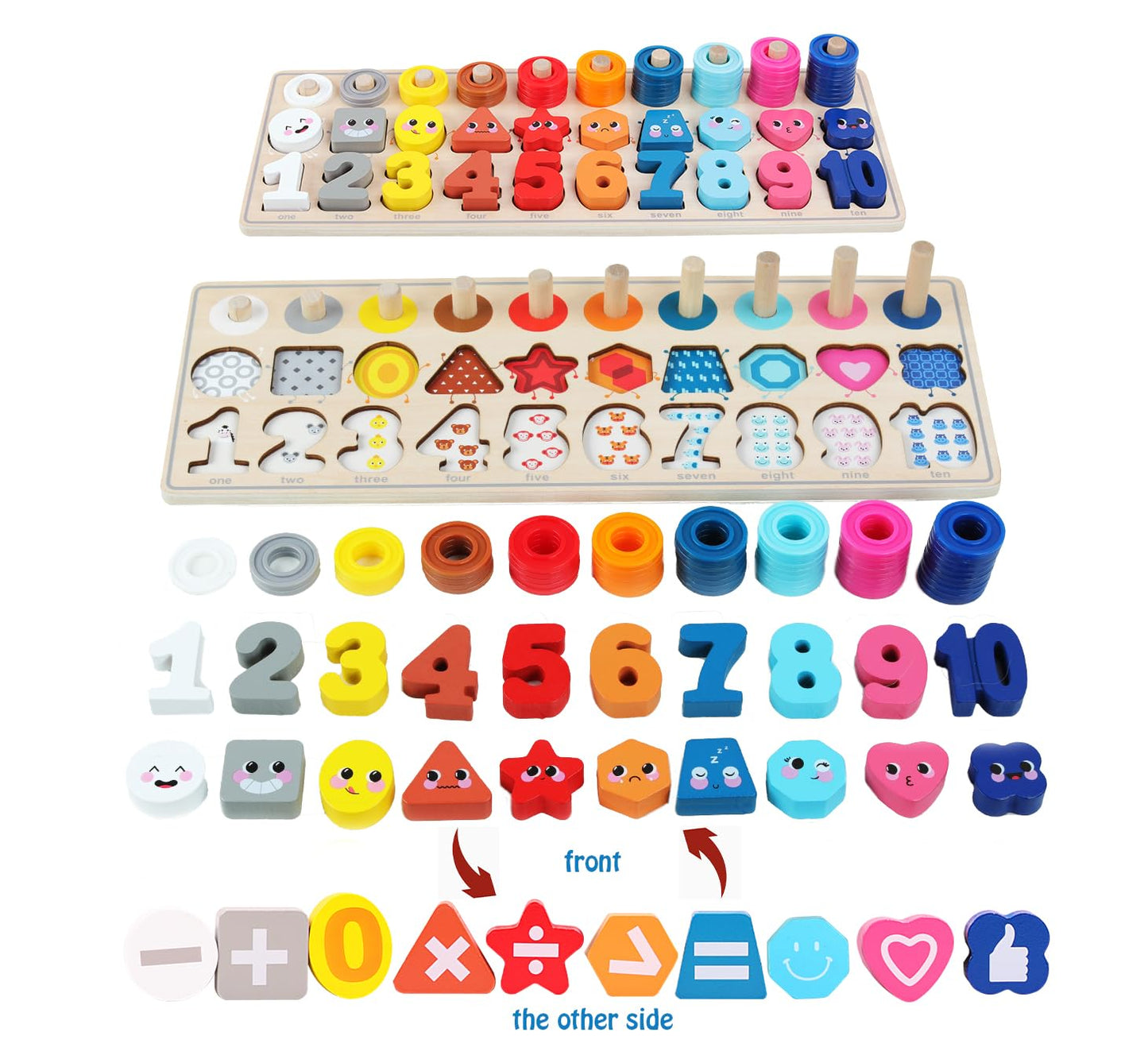 QZMTOY Wooden Montessori Toys for Kids, Toddler Number Puzzles Sorter Counting Shape Stacker Stacking Game Preschool Toys for Boy Girl Learning Education Math Blocks Chunky Puzzles Gift for Toddlers