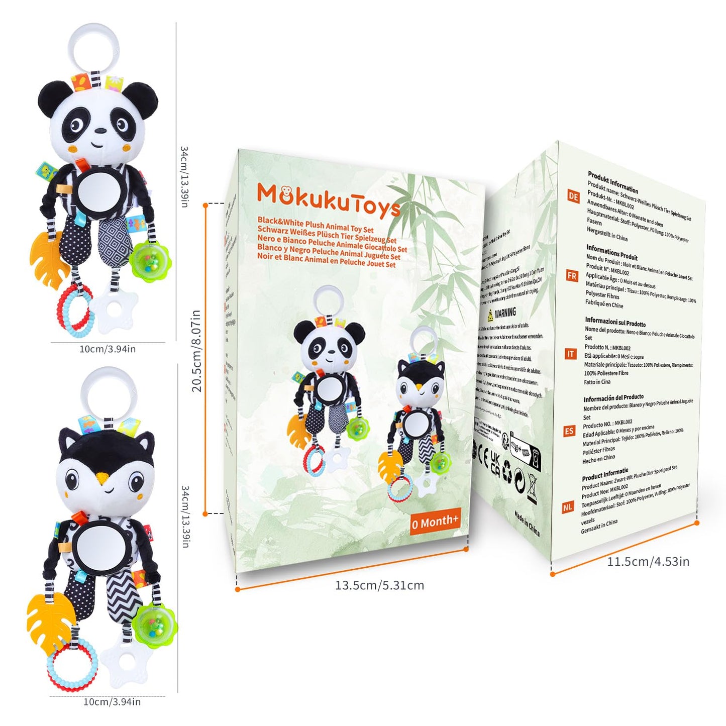 MokukuToys High Contrast Baby Toys,Black and White Hanging Toys,Animal Plush Hanging Toy,Car Seat Stroller Toys Gift for Newborn Boys and Girls 0 3 6 9 12 Months