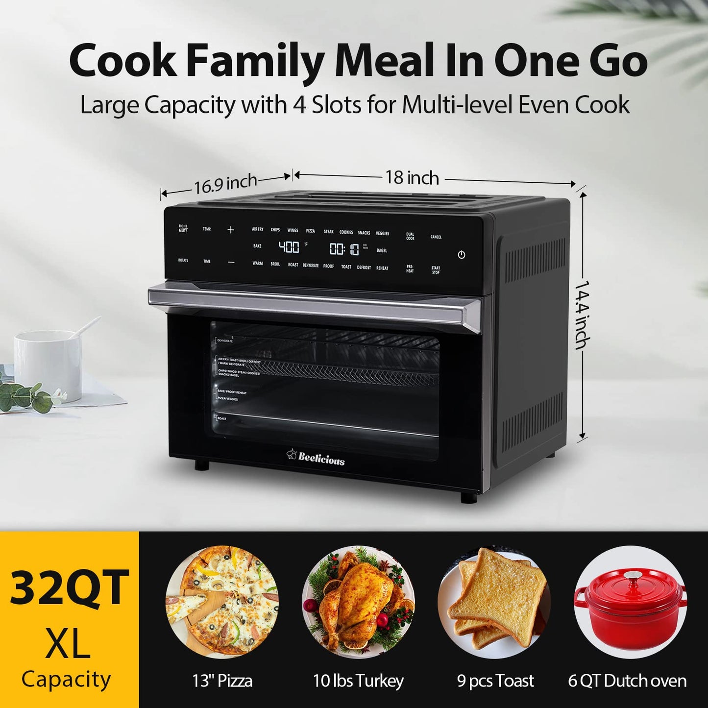 Beelicious 32QT Extra Large Air Fryer, 19-In-1 Air Fryer Toaster Oven Combo with Rotisserie and Dehydrator, Digital Convection Oven Countertop Airfryer Fit 13" Pizza, 6 Accessories, Black