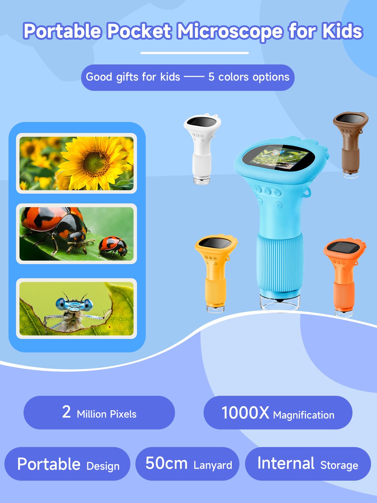 Acoath Microscope for Kids, 1000X Handheld Digital Miniscope with 2.0" Screen, Portable Pocket Microscope Education Toys Gifts for Age 3 4 5 6 7 8 9 10 Girls Boys