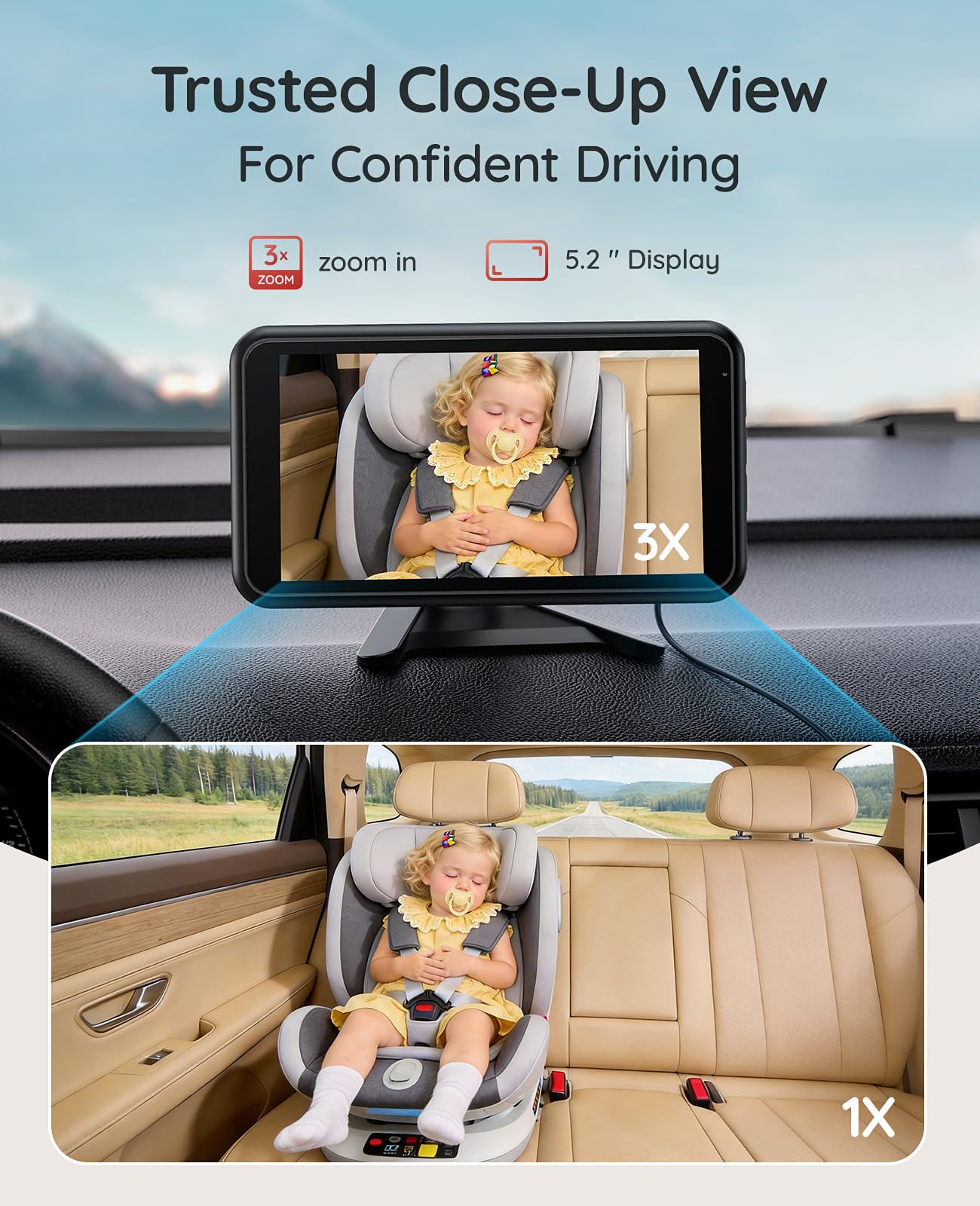 Babyvue Wireless Baby Car Camera, Easy 2-Step Setup, 5.2" Display, 1080P HD IR Night Vision, Clip-On or Strap Mount, 3X Zoom, Back Seat Camera for Baby