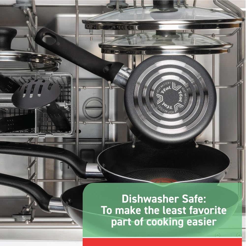 T-fal Initiatives Nonstick Cookware Set 18 Piece, Oven Broiler Safe 350F, Kitchen Cooking Set w/Fry Pans, Saucepans, Stockpots, Skillet, Spoons, Lids Pots and Pans Set Non Stick Dishwasher Safe Black