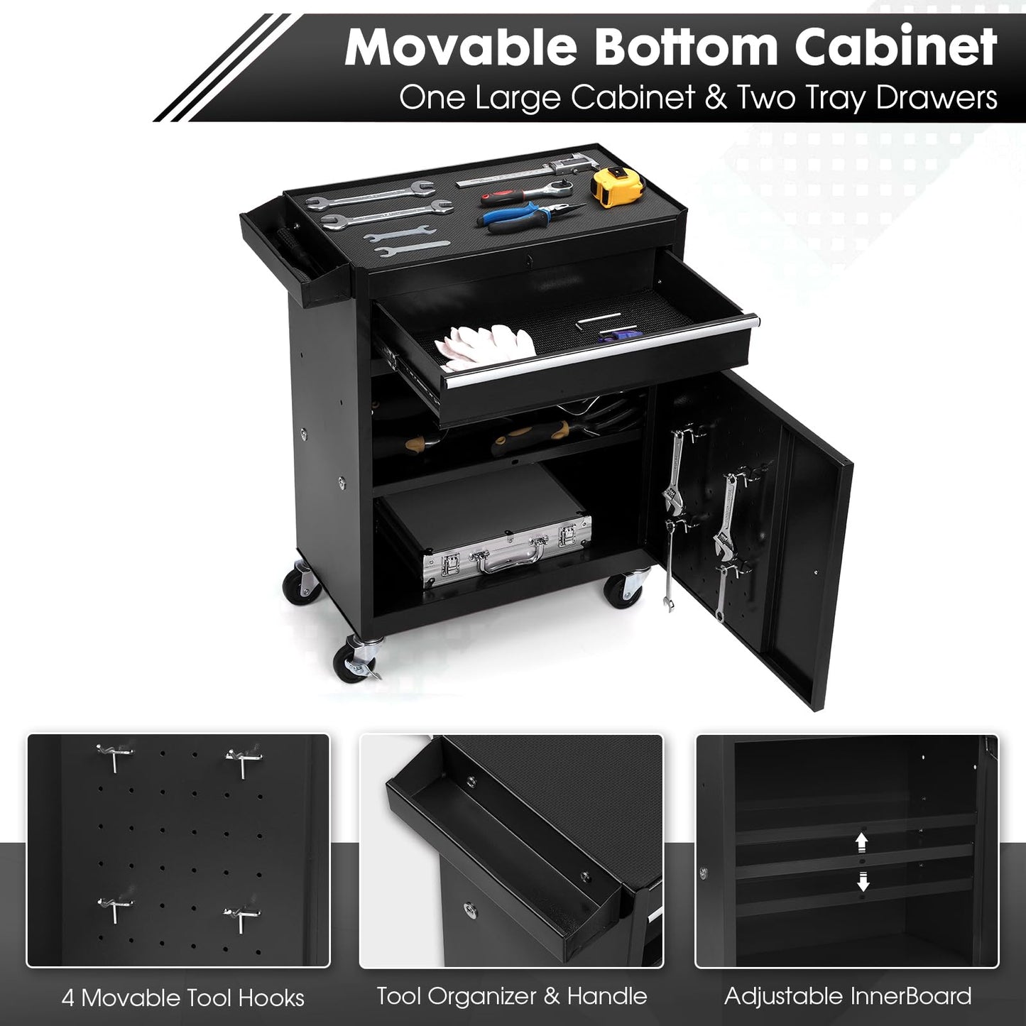 Dawmilon 5-Drawer Rolling Tool Chest with Detachable Top Box, Lockable Wheels, Adjustable Shelf, and Liner, Heavy-Duty Metal Tool Cart for Garage and Workshop Storage, Black