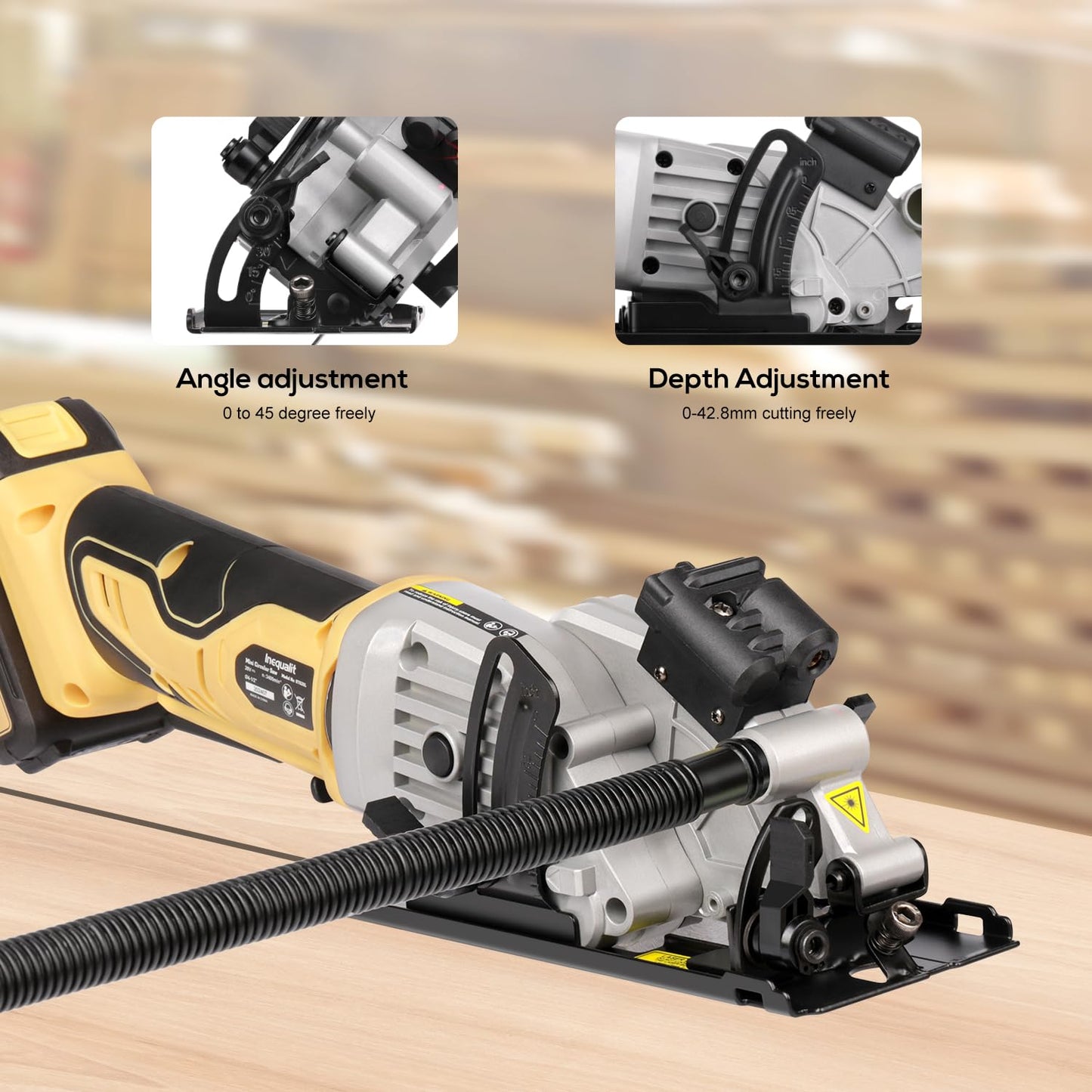 Inequalit 4-1/2 Inch Mini Circular Saw, 3400 RPM Cordless Circular Saw with Laser Guide, Rip Guides, 2 Blades (24T Wood + 60T Metal), Max Cutting Depth 1-11/16" (90°), 1-1/8" (45°)"