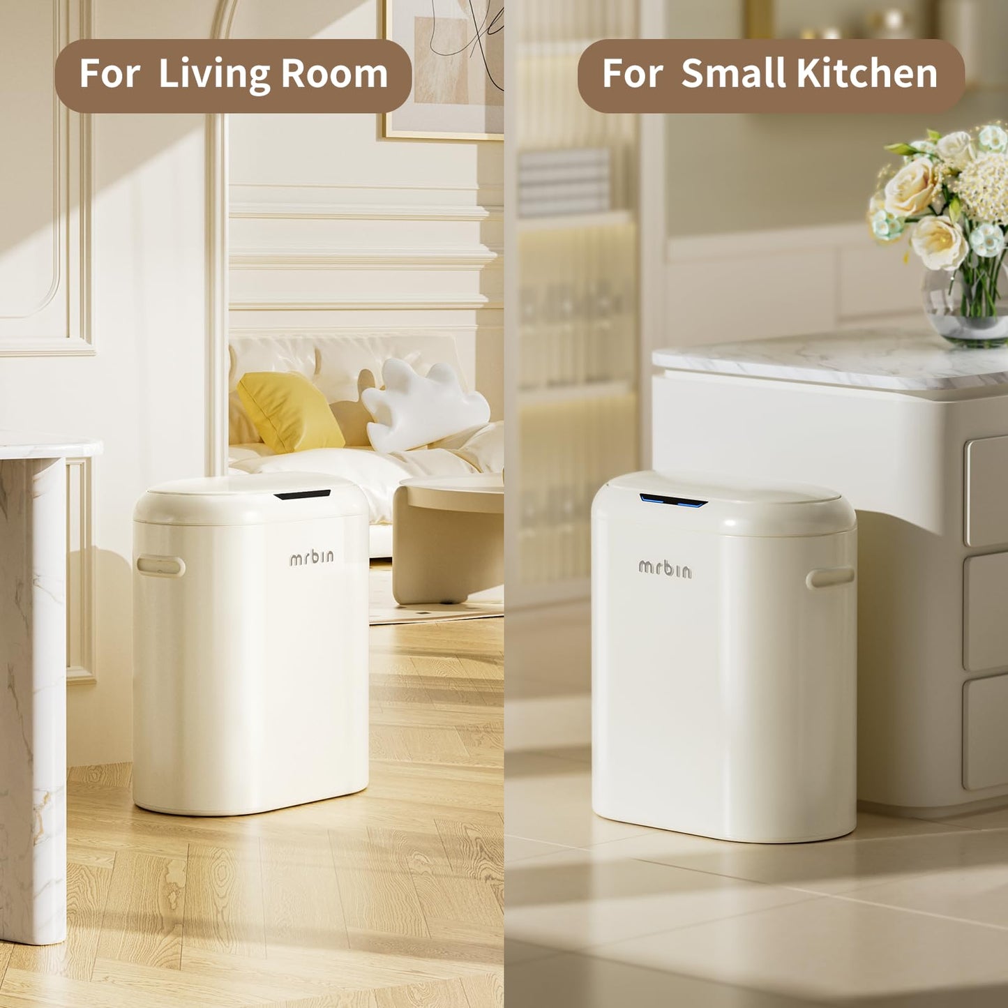 MRBIN Metal Kitchen Motion Sensor Trash Can with Lid, 10.5 Gallon Slim Automatic Waste Basket Touchless, Medium Commercial Covered Garbage Pail for Narrow Office, Bathroom, Dorm, Cream White