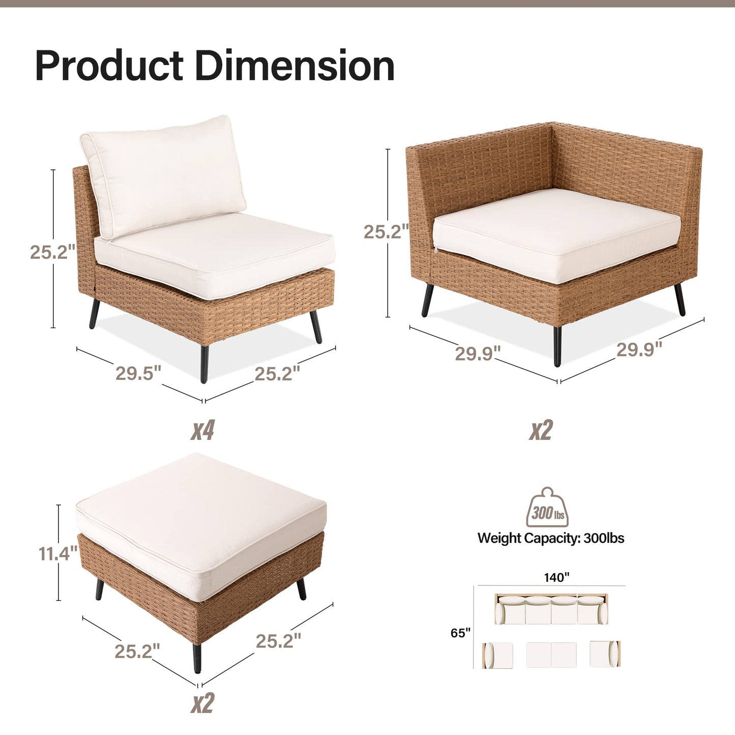 LAUSAINT HOME Outdoor Patio Furniture, 8 Piece Outdoor Sectional Sofa PE Rattan Wicker Patio Conversation Sets,All Weather Patio Furniture Set with Thick Cushions for Garden, Poolside, Backyard(Beige)