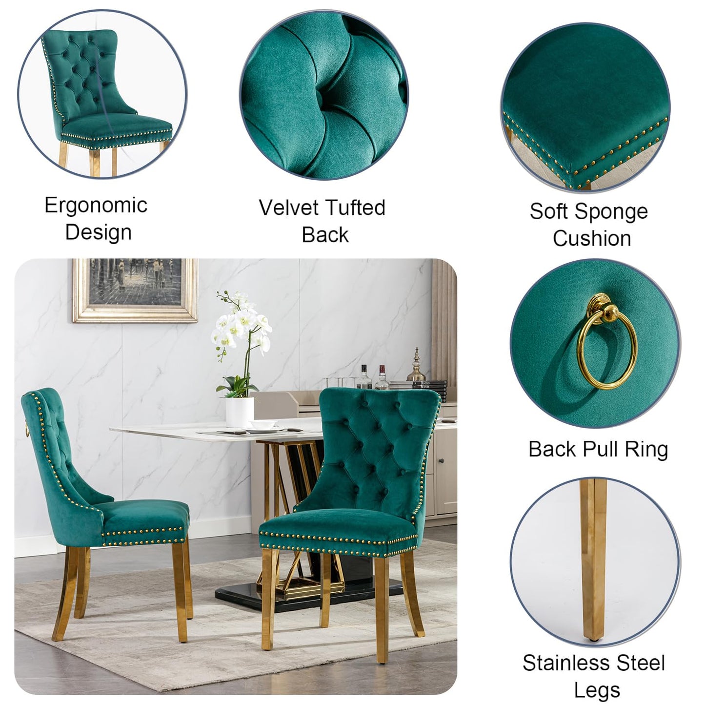 Pvillez 68.11" Marble Dining Table Set, White Dining Table with 6 Green Velvet Chairs, Rectangle Kitchen Table and Chair Set with Gold Stainless Steel Base, Luxury 7 Piece Dining Set for Kitchen