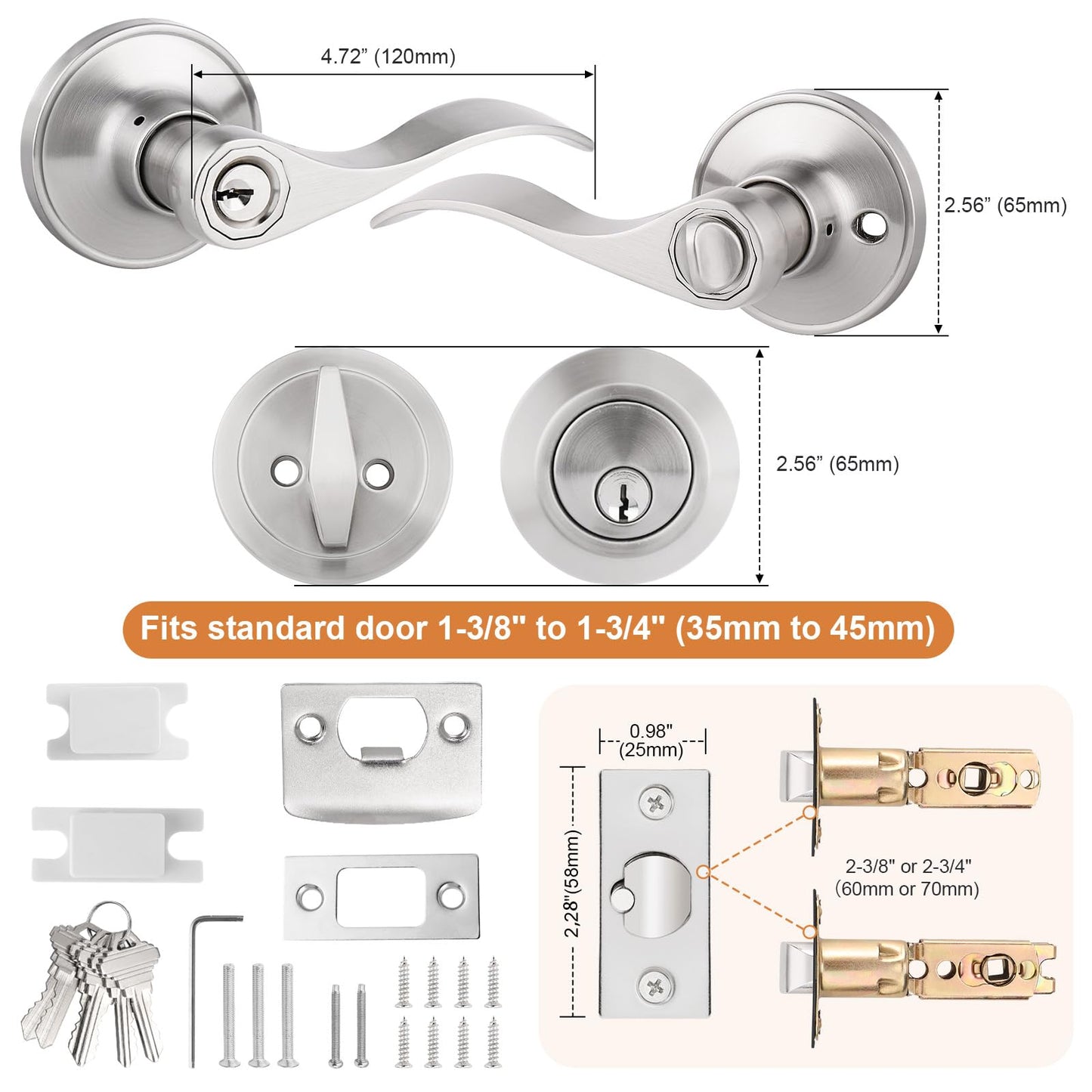 Probrico 6 Sets-Satin Nickel Exterior Entry Lever and Single Cylinder Deadbolt Combo Pack,Keyed Alike Entry Handleset for Front Entrance Door,Wave Shape Lever,Contractor Park