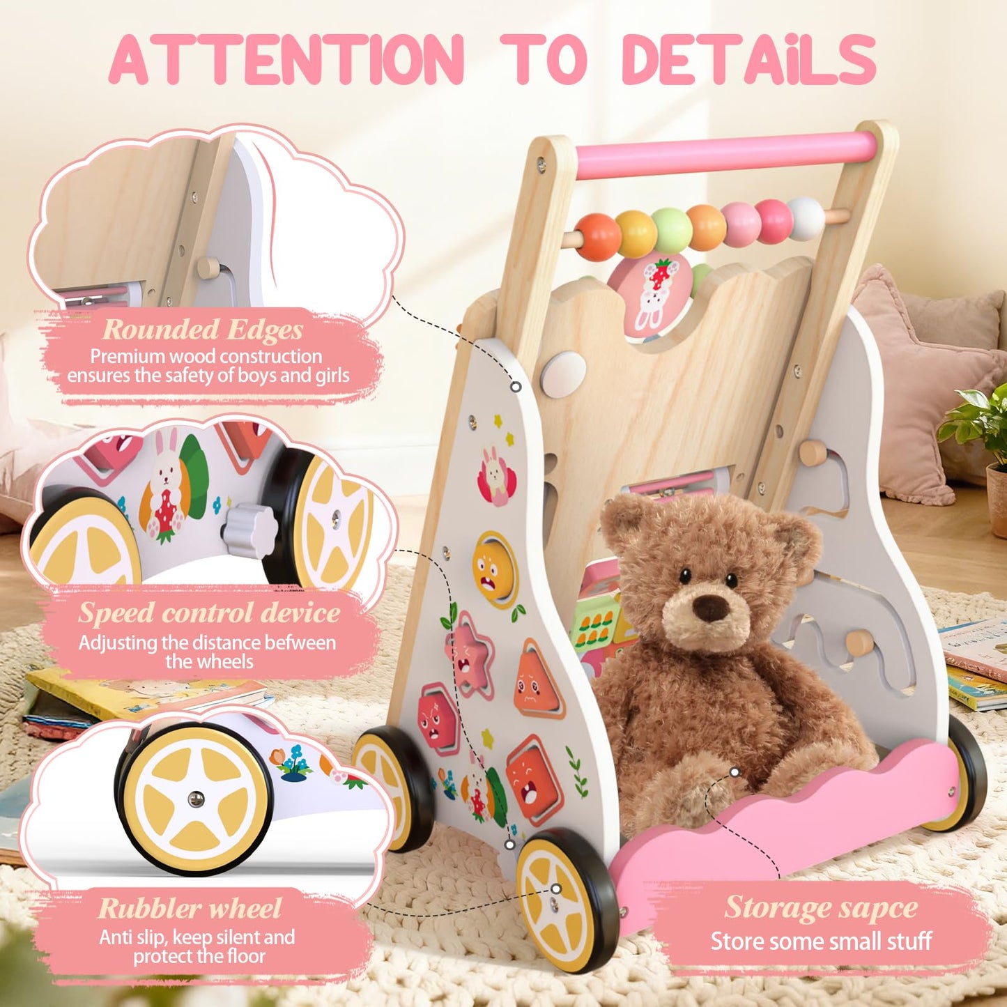 Wooden Baby Walker, Push Walker with Wheels, Montessori Activity Center Walker for Toddlers 12+ Months, Adjustable Height & Speed Learning Walking Toy for 1 Year Old Boys and Girls (Pink)
