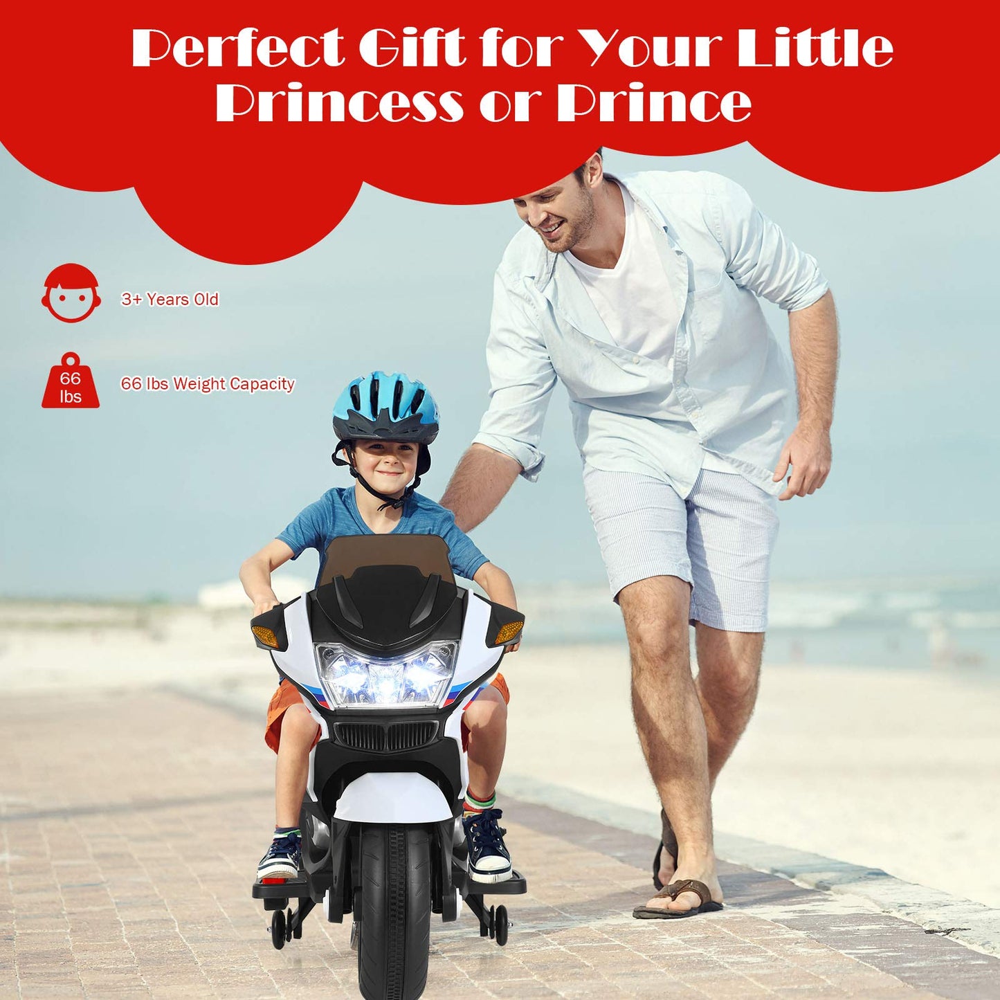 FUTADA Kids Ride on Motorcycle, 12V Kids Electric Motorcycle w/Training Wheels, Bright LED Light, Music, Foot Pedal, Battery Powered Tricycle Toy, Birthday Gift for Children, Girls Boys (White)