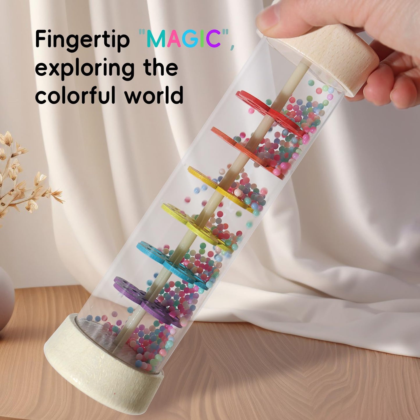 7 Inch Wooden Rain Stick Montessori Toys for Babies 6-12 Months, Baby Sensory Rattle Shaker Developmental Toy, Raindrops Musical Instrument for 0-6 6-18 Month Infants Toddlers