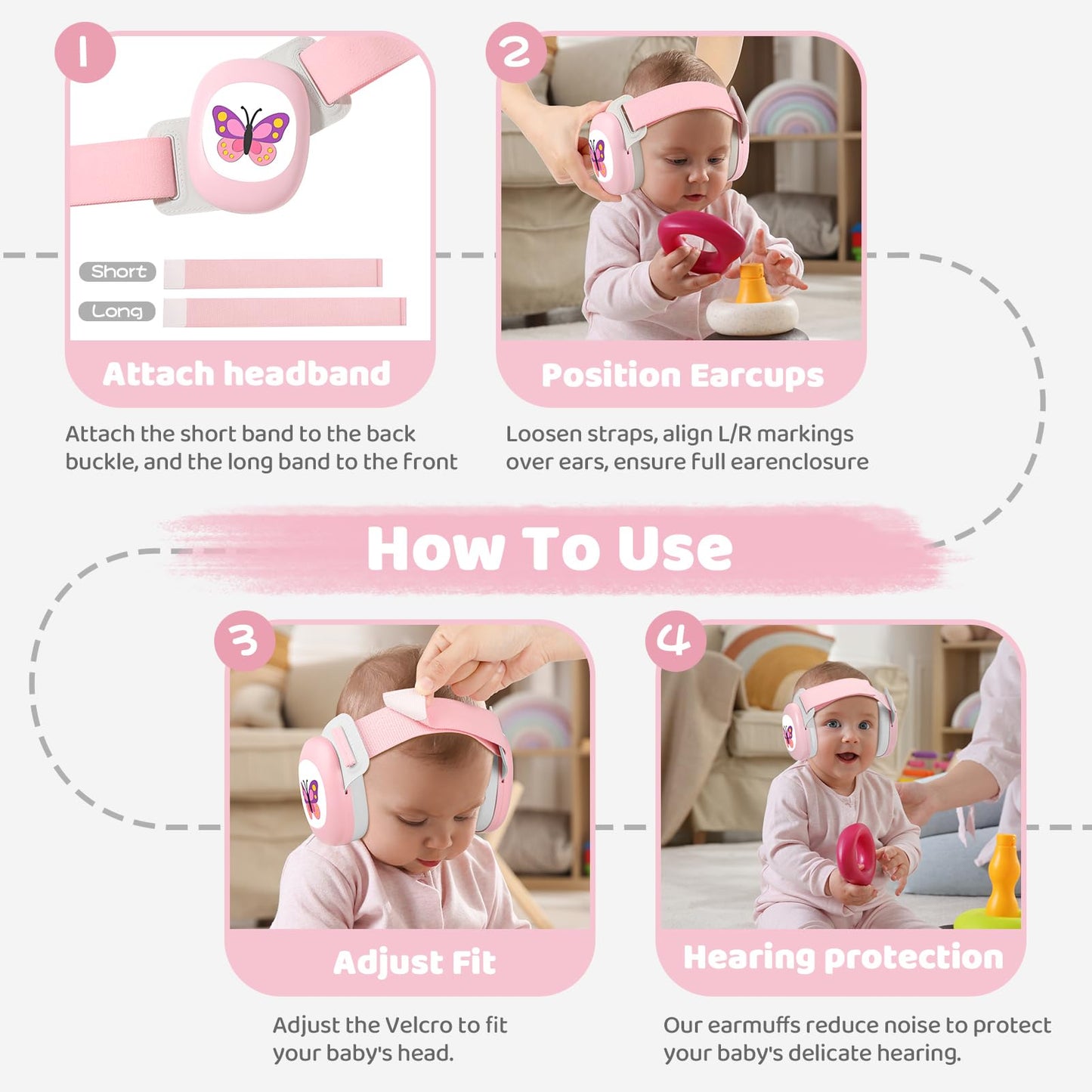 YomauiYee Baby Earmuffs,Baby Noise Cancelling Headphones with Butterfly Pattern, Infant Ear Protection for Toddler 0-48 Months,Infant Travel Essentials for Airplane/Improves Sleep