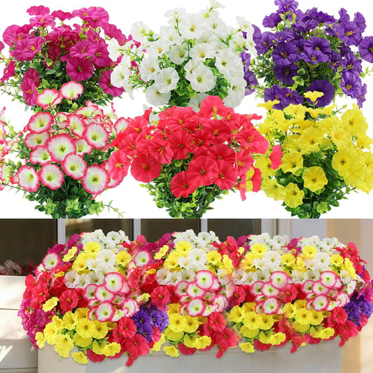 18Pcs Artificial Flowers Fake Outdoor Plants Silk Morning Glory with Eucalyptus UV Resistant Faux Flowers for Outside indoor Planter Front Door Porch Yard Patio windowsill Home Decor (Mix 6 colors)