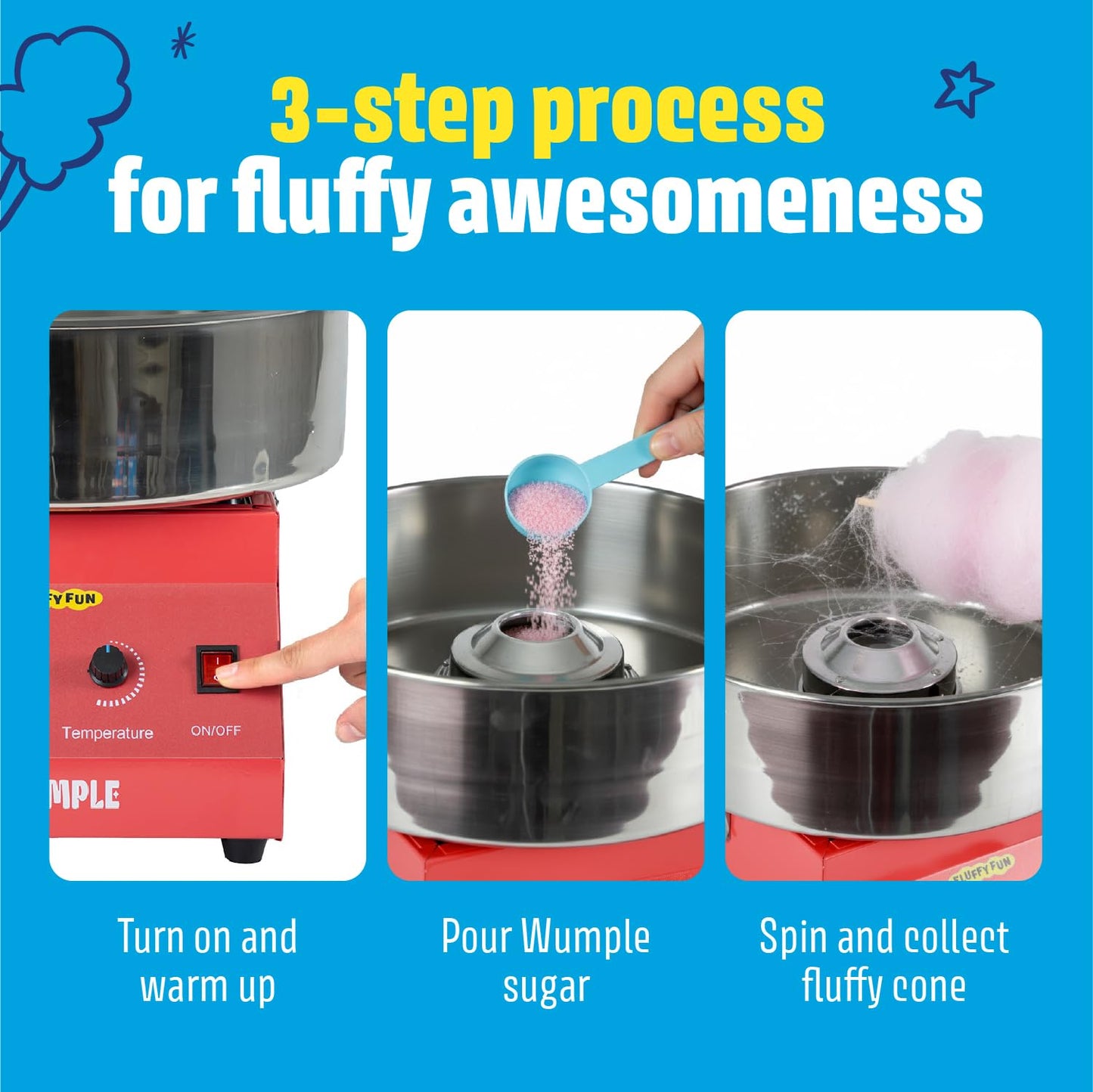 Wumple - Cotton Candy Machine Pro Bundle, Includes 3 Flavored Sugars & 70 Cones, Electric Machine with Large Stainless Steel Bowl for Parties & Business (Red)