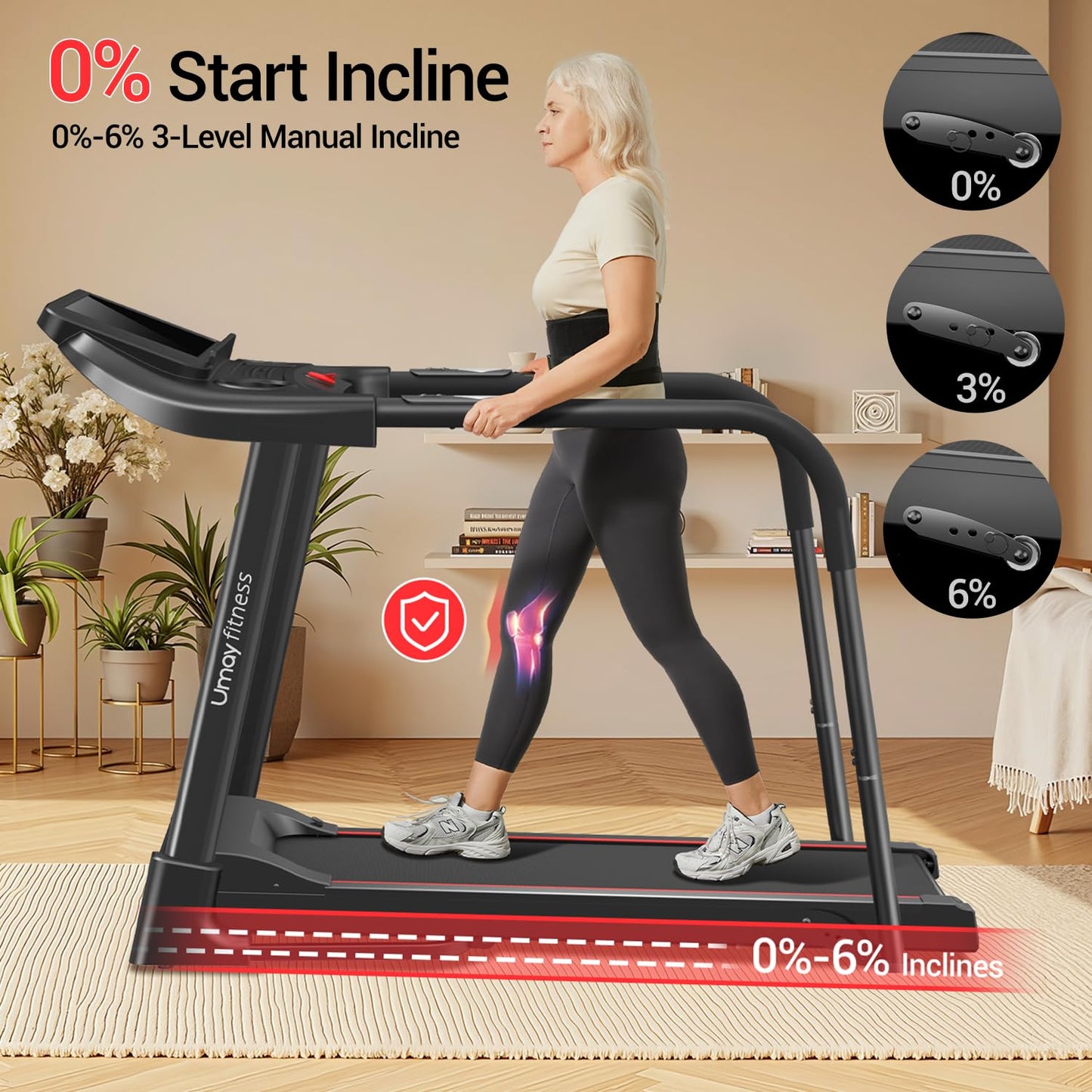UMAY Fitness Compact Home Treadmill with Auto/No Incline, 3.0/3.5HP Quiet Brushless, 8.7 MPH Speed & 16.2"×42.5" Running Area (0 Incline with handrail)