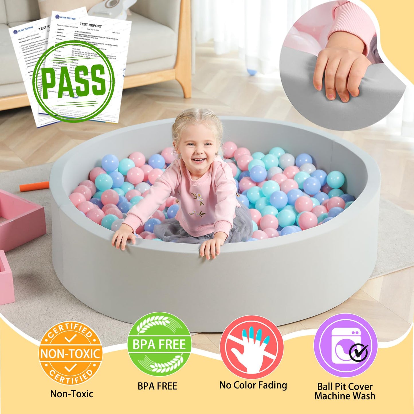 TRENDBOX Extra Large Soft Foam Ball Pit 51.2" x 11.8" (NO Balls) in Large Sponge Round Ball Pool Indoor Round Ball Pits Children Toddler Playpen - Light Gray