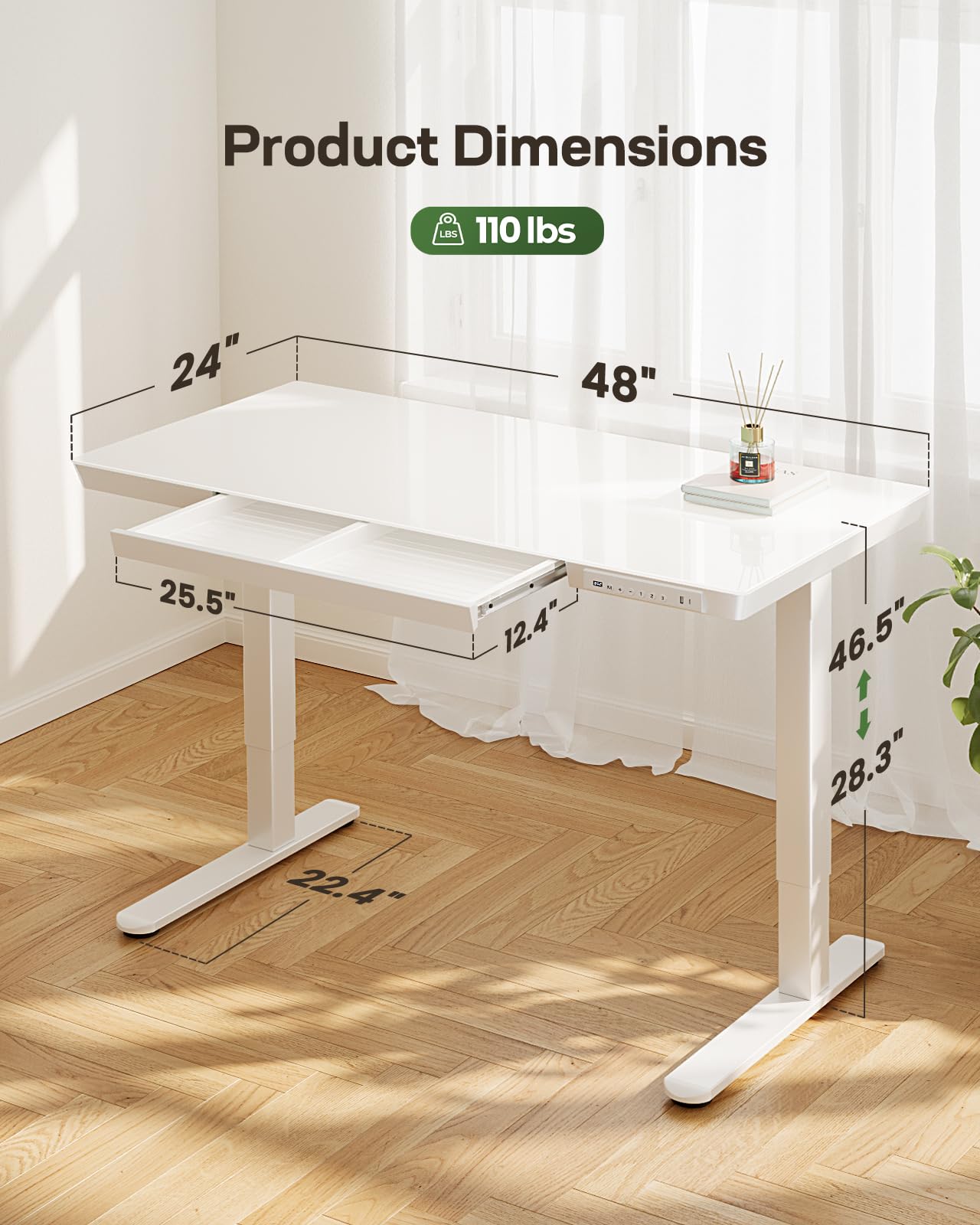 Marsail Glass Standing Desk with Drawers, 48 x 24 inch Electric Standing Desk, Height Adjustable Desk with One-Piece Tabletop & USB Charging Ports, Sit Stand Desk with Storage for Home & Office White