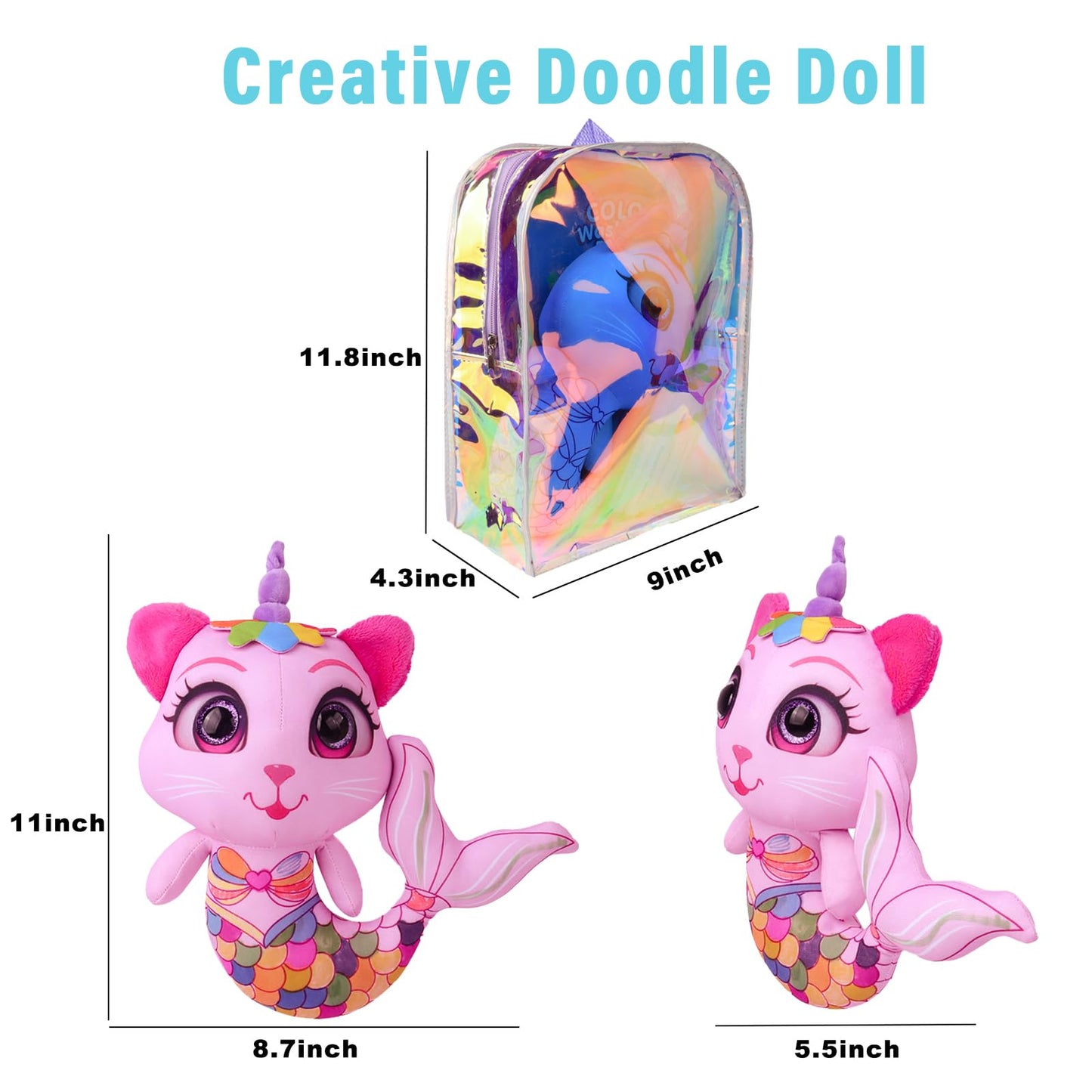 Stuffed Animal Coloring Plush Toy with 20 Washable Markers Laser Holographic Backpack Road Trip Car Game Writing Painting Set for Girls Doodle Dolls Kids Ages 3-6 Birthday(Pink Cat Mermaidr)