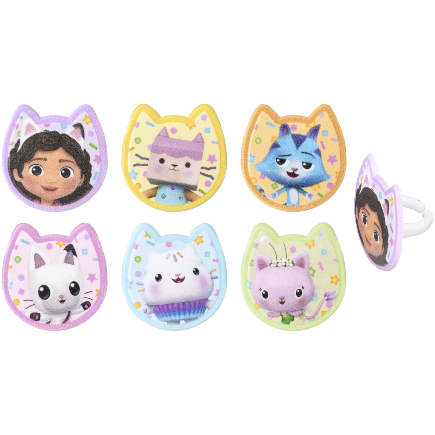 DecoPac DreamWorks Gabby's Dollhouse Rings, 72 Cupcake Decorations Featuring Gabby, Pandy Paws, Irresistible Kitty Characters, and Super Fun Adventures! - 72 Pack