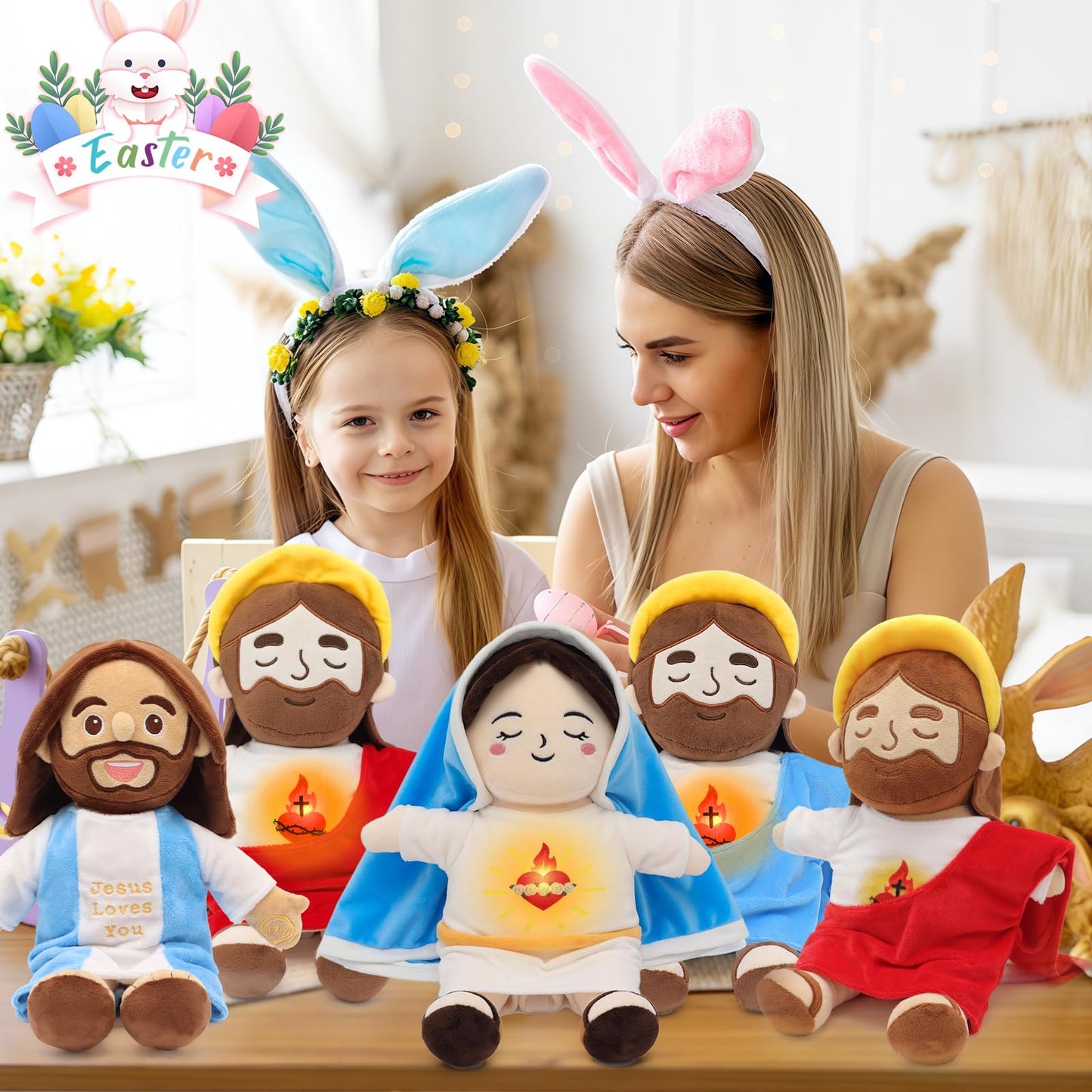 Yelakey Soothing Jesus Plush Toys with Light & Sound, 15" Jesus Stuffed Breathing Plushy Doll, Christian Catholic Religious Plushie Christmas Easter Gifts for Kids Baby (Blue)