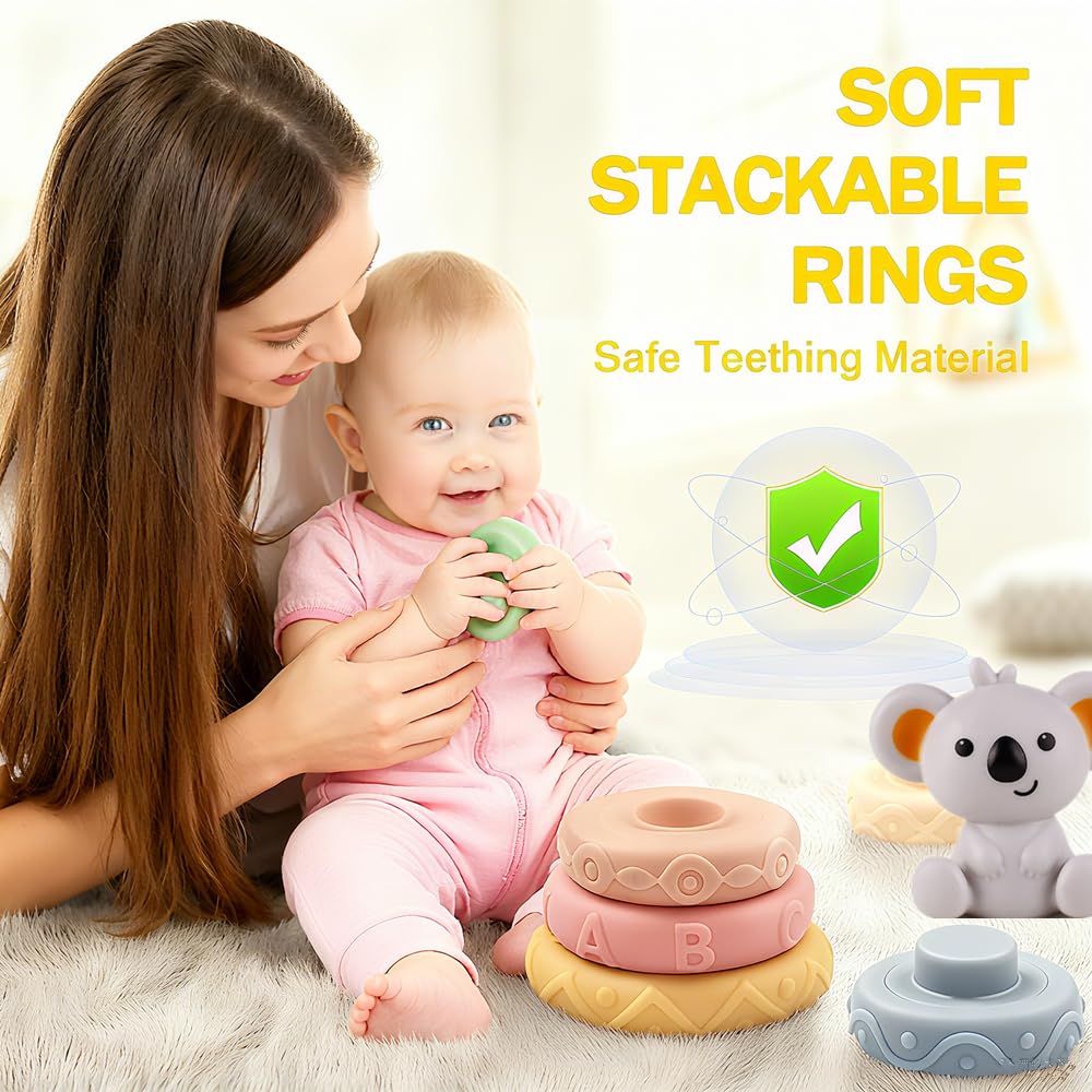 ELLECK Baby Montessori Sensory Toys for 0-6 6-12 Months, Teething Toys for Babies 0 3 6 9 12 18 Months, Infant, Newborn Rattle Teether, Blocks, Soft Stacking Rings, Ideal Baby Boy Girl Gifts Set