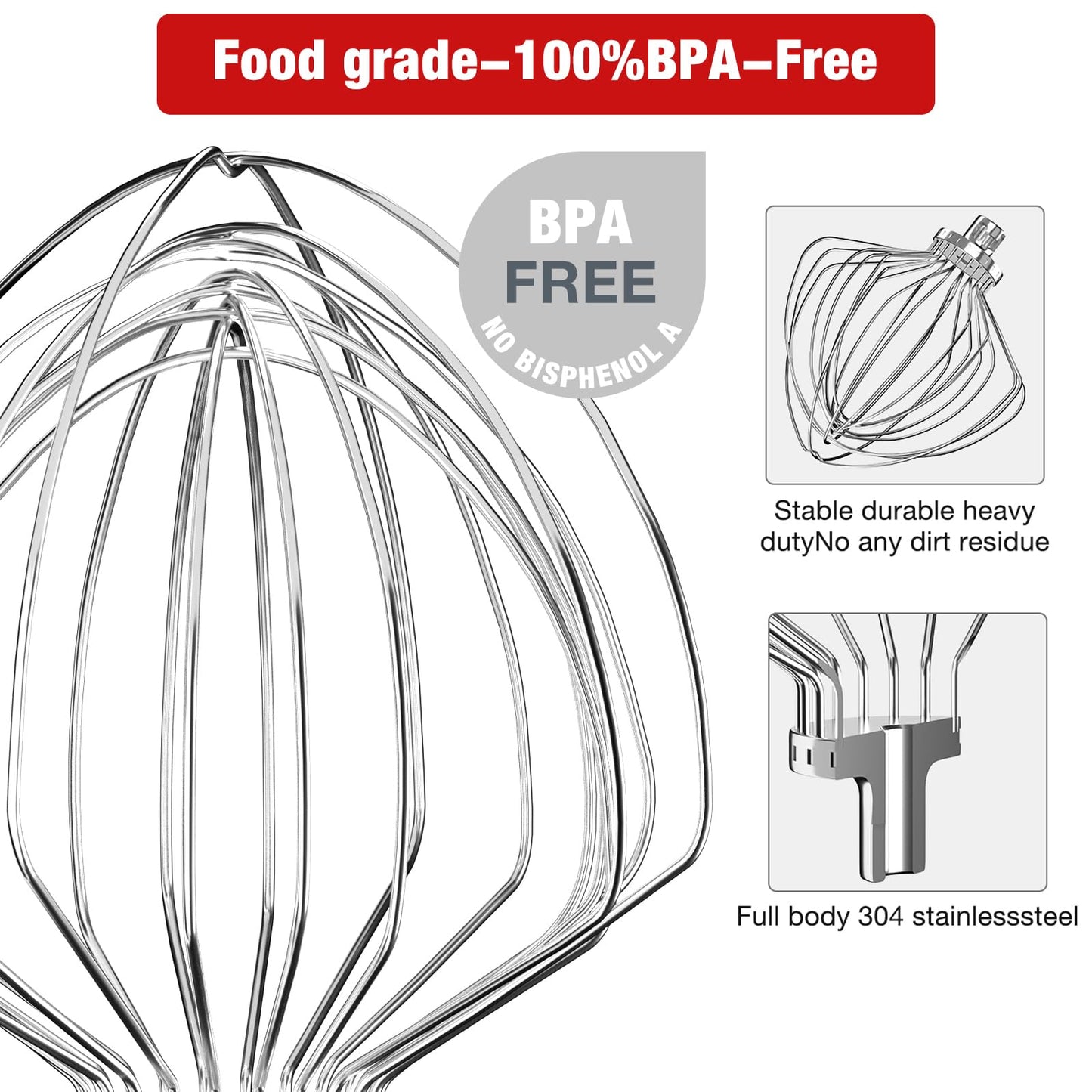 KN211WW Stainless Steel 11-Wire Whip Attachment for KitchenAid Bowl-Lift Mixer 7 Quart Bowl, Stainless Steel Whisk Replacement for Kitchen Aid Mixer, Dishwasher Safe, Egg Heavy Cream Beater.