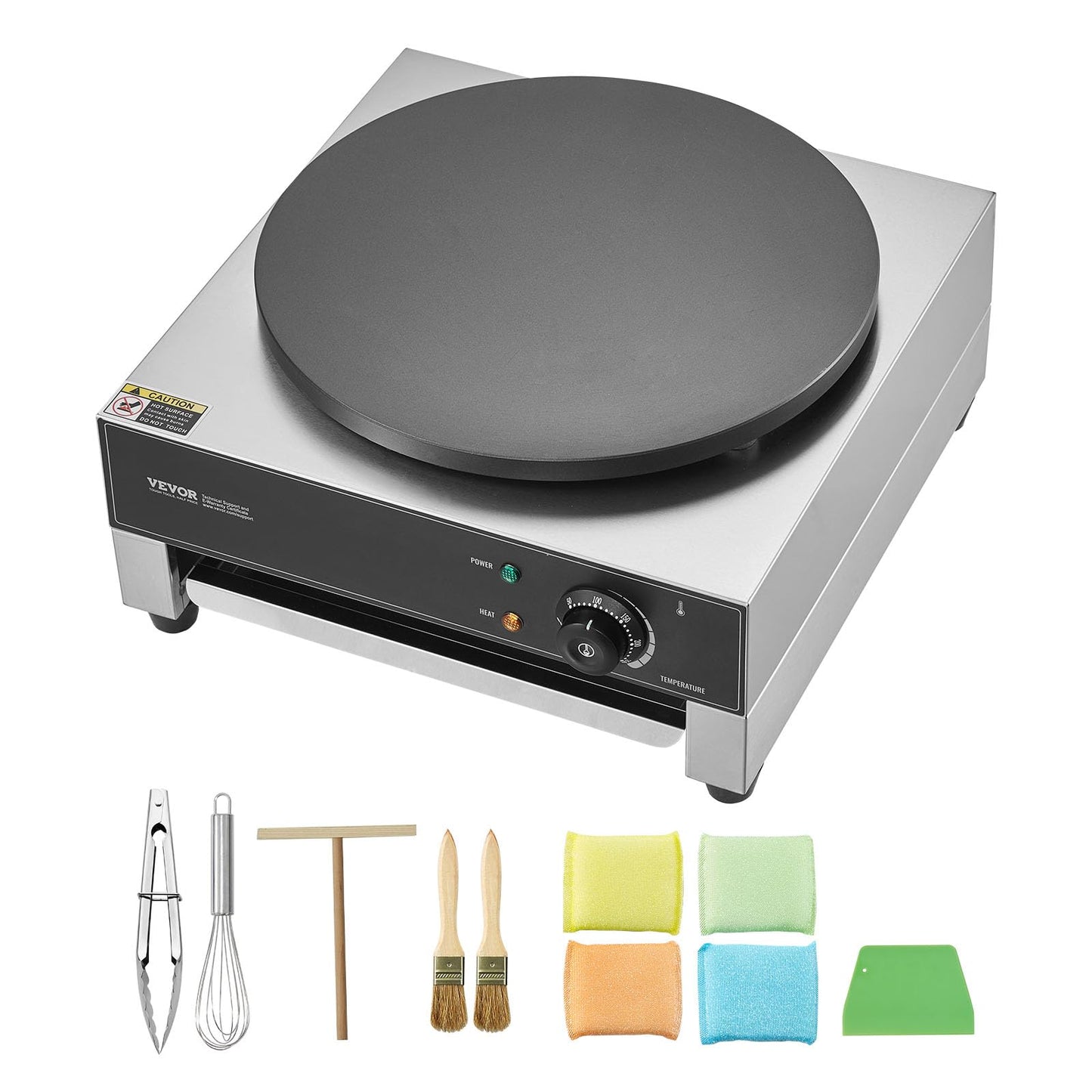 VEVOR Electric Crepe Maker, 16-Inch Commercial Crepe Machine, 1700W Flat Plate Crepe Griddle, Nonstick Stainless Steel Pancake Making Machine, Desktop Circular Cereals Pancake Stove with Temp Control