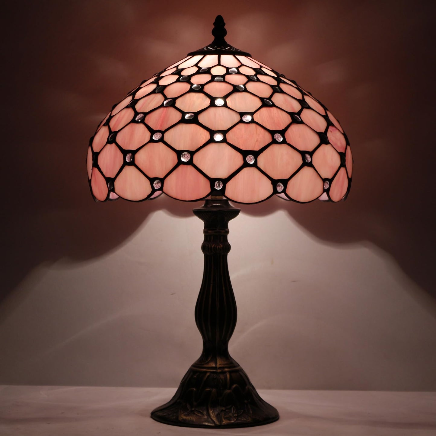 WERFACTORY Tiffany Lamp Pink Stained Glass Bead Table Lamp Desk Bedside Reading Light 12X12X18 Inches Deco Bedroom Living Room Home Office S005 Series