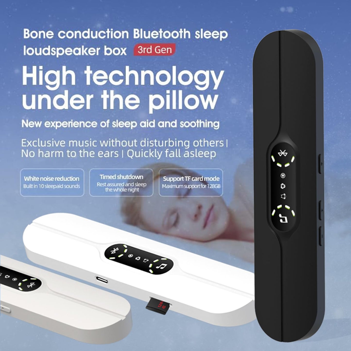 STEHEALTH Under-Pillow Speaker for Sleeping - Mini Portable Wireless Bluetooth Bone Conduction, with White Noise & Timer | Supports TF Card, Suitable for Side Sleepers and Sleep Difficulties（Black）
