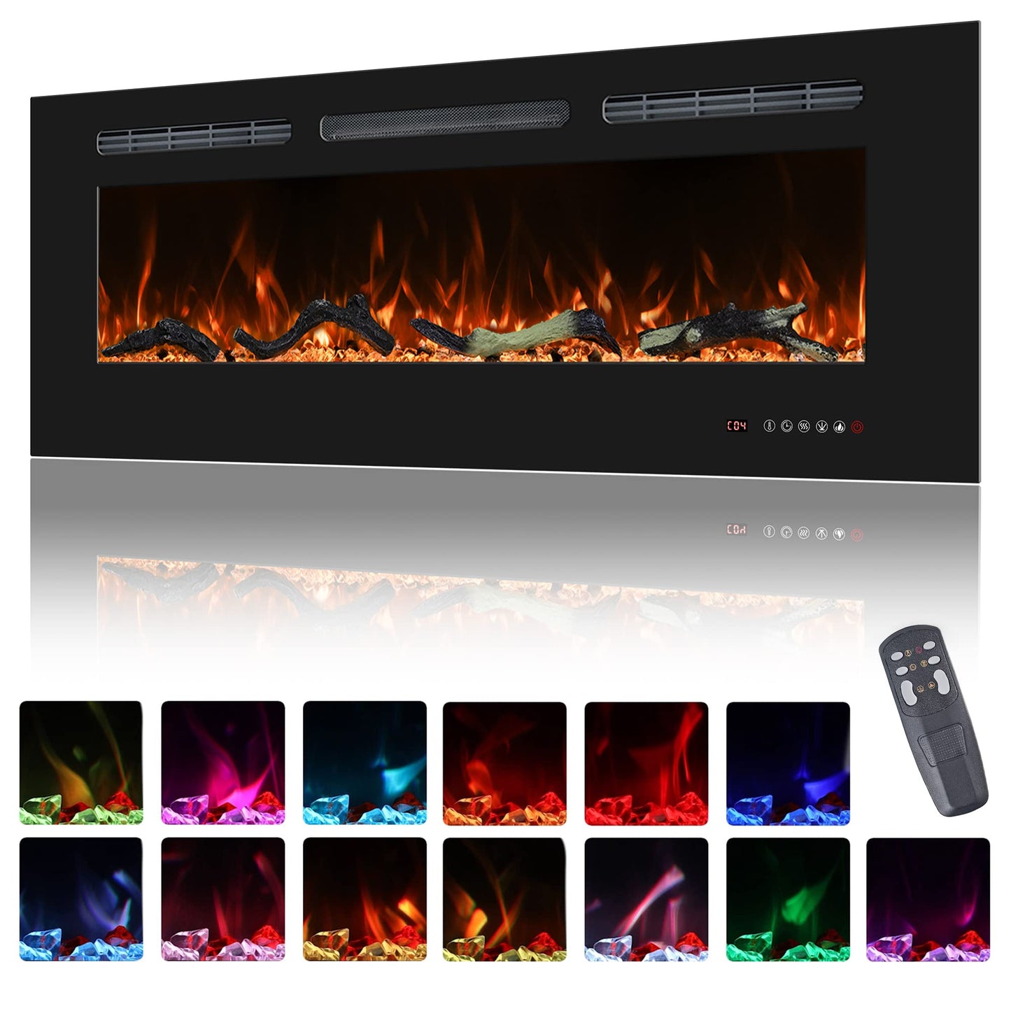 Oxhark Flame Electric Fireplace 42 inch Wide, Wall Mounted Fireplace Inserts Electric Heater, 13 * 13 Flame Effects Like Real Flame, Low Noise, Timer & Thermostat Setting, 750W/1500W, Black