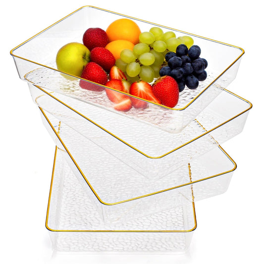 Cididu 4 Pack Clear Serving Trays, Deep Serving Platters Rectangle 12'' x 8'', Decorative Tray with Gold Rim, Reusable Plastic Tray Organizer for Coffee Table Pantry Party Food Display Spill Proof