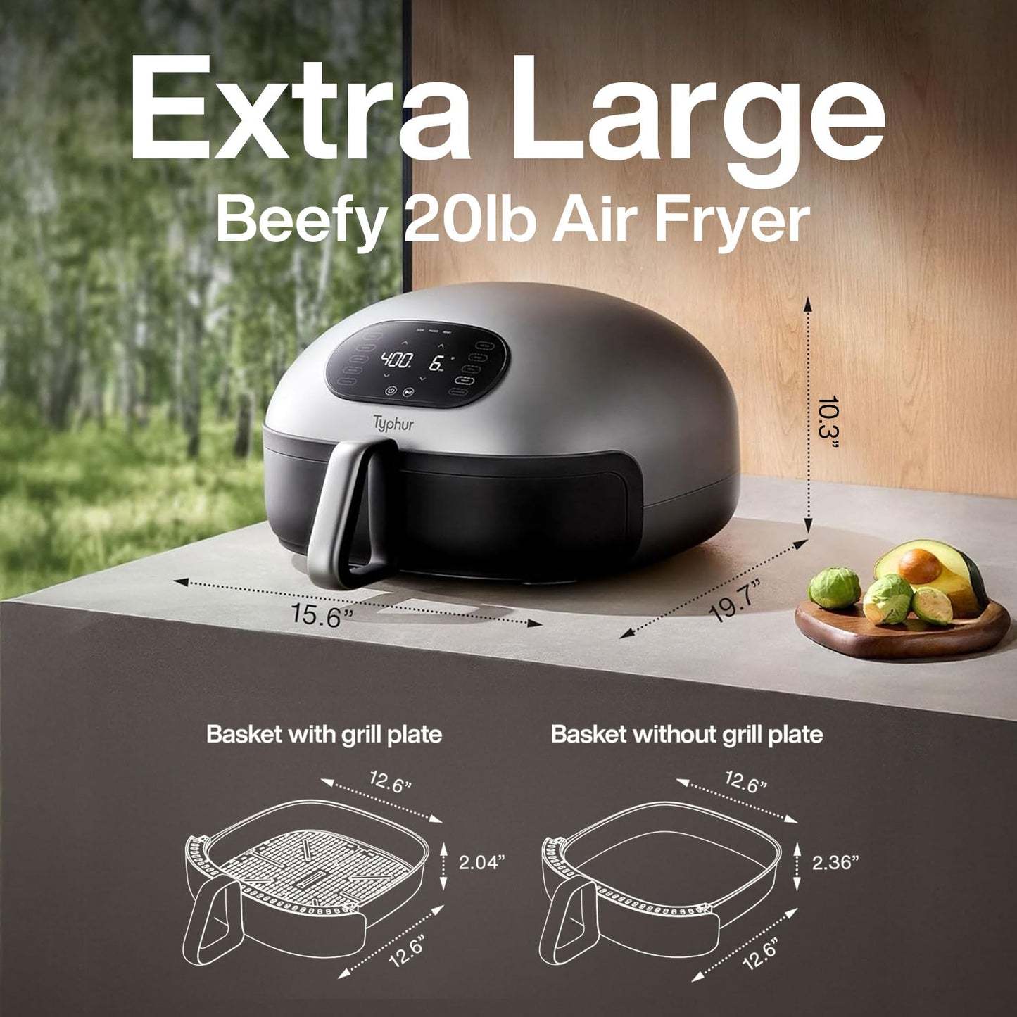 Typhur Dome 2 AI Smart Air Fryer, Large Flat Airfryer with Top & Bottom Heating, Self-cleaning Digital Fryer, PFAS free Ceramic Basket, Fits a 12" Pizza or Steaks, Whisper-Quiet, 120V