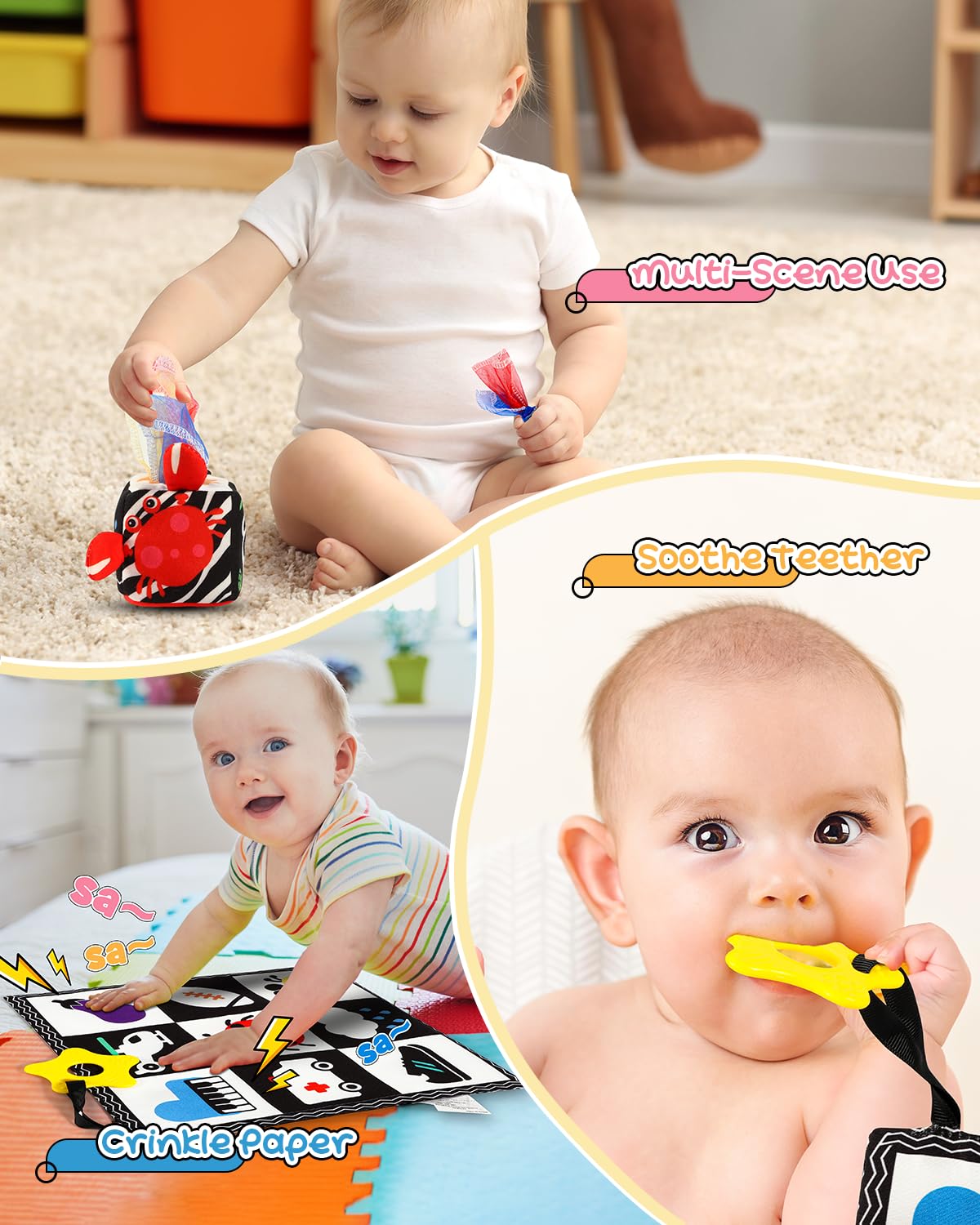 Baobrava 3 PCS Black and White High Contrast Baby Toys for Newborn, Montessori Toy Sensory Infant Tummy Time Toy Baby Essentials 0-6-12 Months Gifts