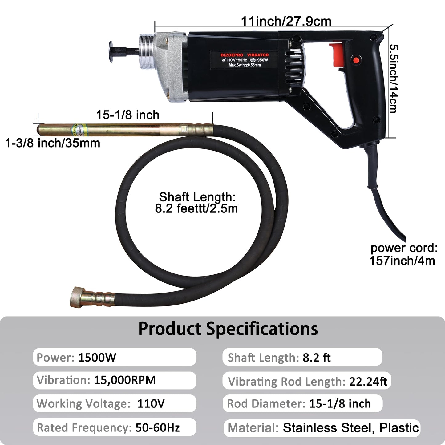 BIZOEPRO Hand Held Power Concrete Vibrator 1500W 15000rpm With 8.2ft 2.5M Shaft Rod Electric Concrete Vibrabrater Portable Construction Pencil Vibrator