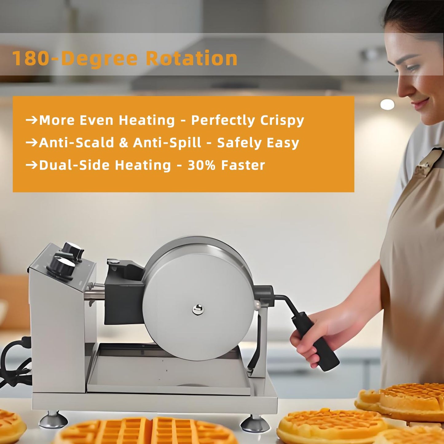 Hehinton® 110V 1300W Commercial Belgian Waffle Maker, 180 Degree Rotatable Waffle Baker Machine with 122-572℉ Temp Control, 0-5min Timer, φ7"X1.2" Thick Non-Stick Dough/Batter Round Waffle Maker