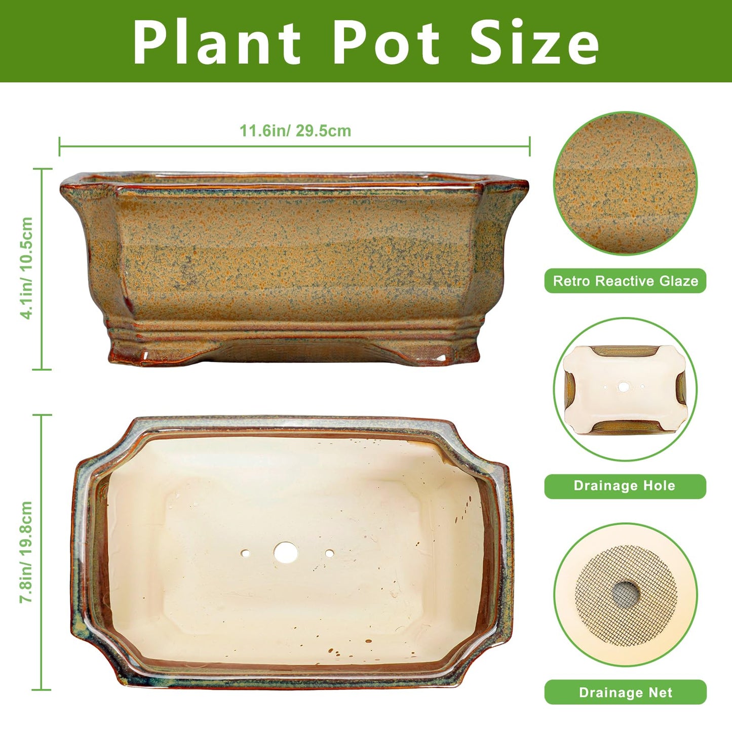 Teagas Bonsai Tree Pots 11.6 Inch - Ceramic Bonsai Planter for Succulent Plants, Succulent Pots with Drainage Hole, Large Indoor Flower Pot, Home Decor, Plant Lover Gifts, Rectangular Yellowish Brown