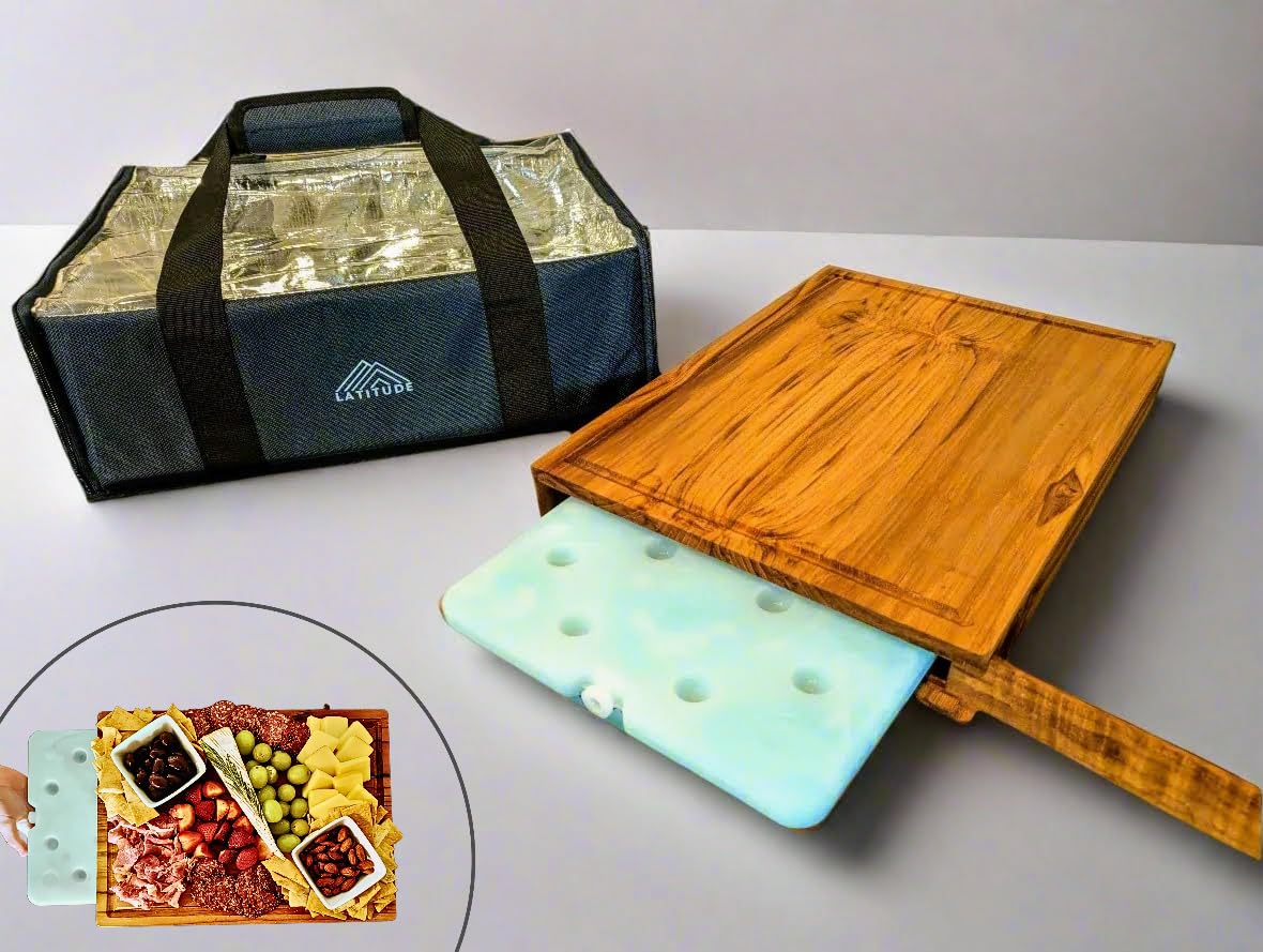 Latitude Board®- Original Chilled Charcuterie Board with a Built in Ice Pack and Thermal Carrier Bag Set. Premium Handcrafted Teak Wood Serving Tray. 15inx11.5inx 2in. Cold Charcuterie Transport