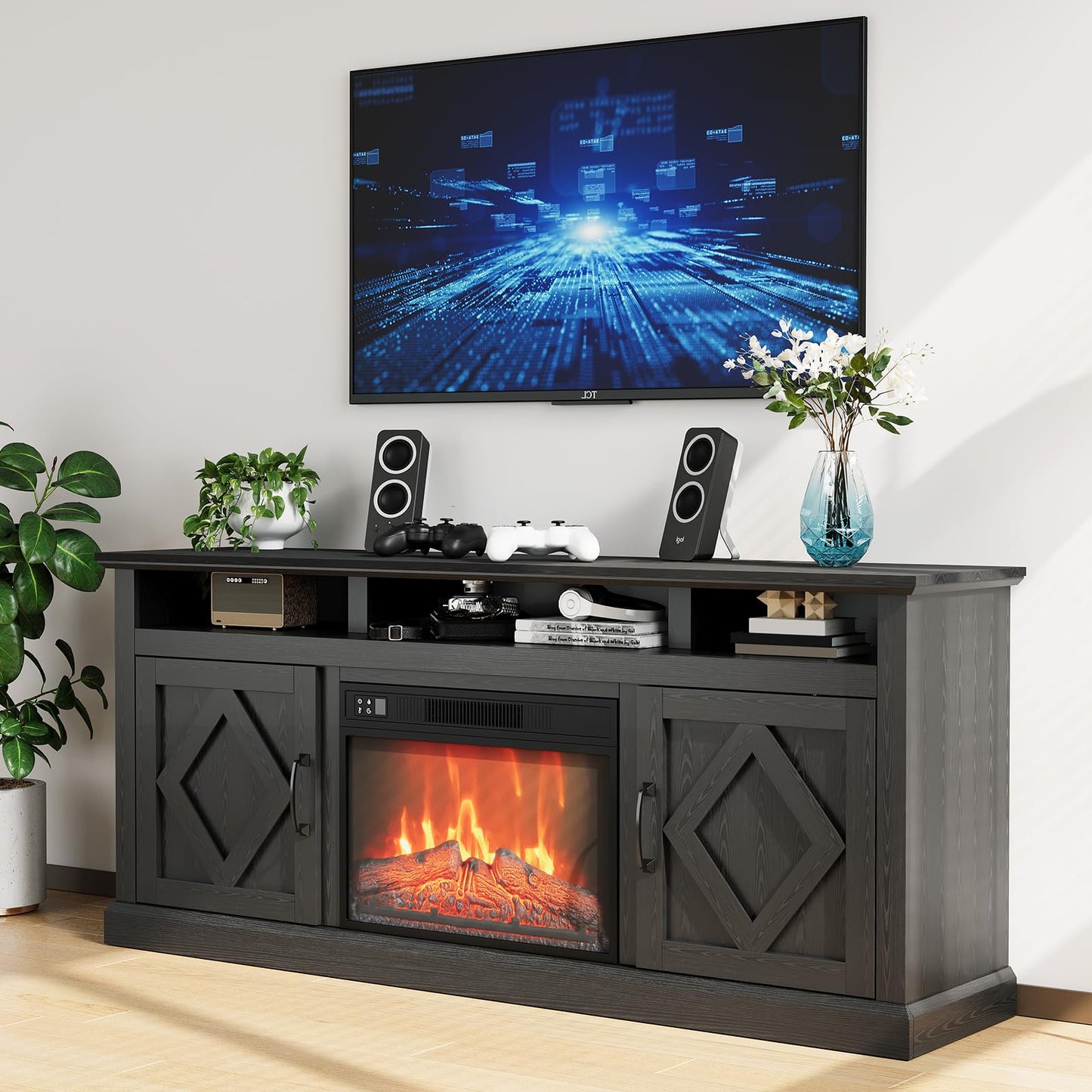 67" Electric Fireplace with Mantel and Cabinets, Stand for TVs up to 80" with 23" Electric Fireplace Remote Control for Living Room or Bedroom