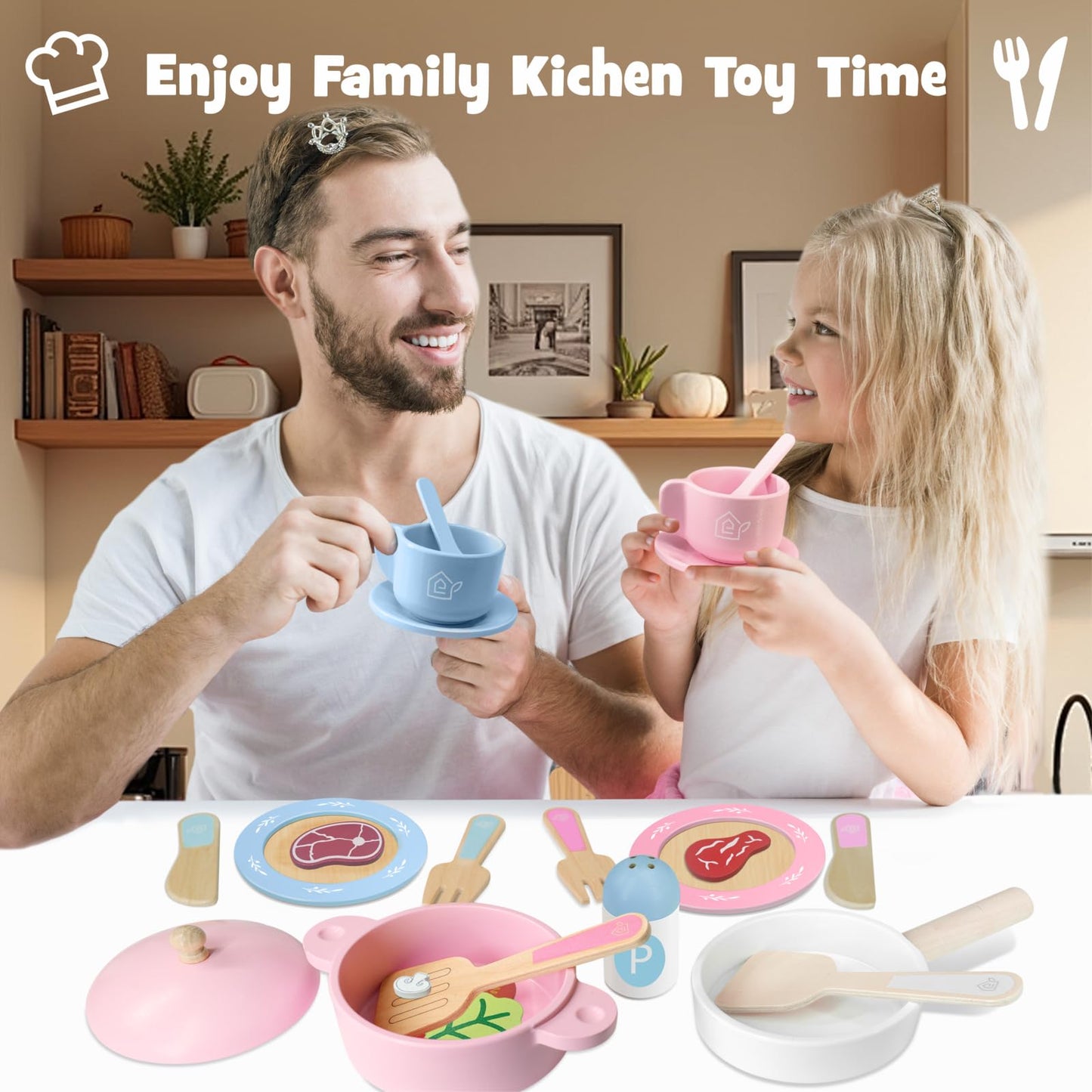 SimpliPlay Wooden Toy Plates and Dishes for Kitchen Set, 30PCS Montessori Play Kitchen Accessories for Toddlers with Toy Pots and Pans, Wooden Play Cooking Set for 3-8 Years Girls & Boys